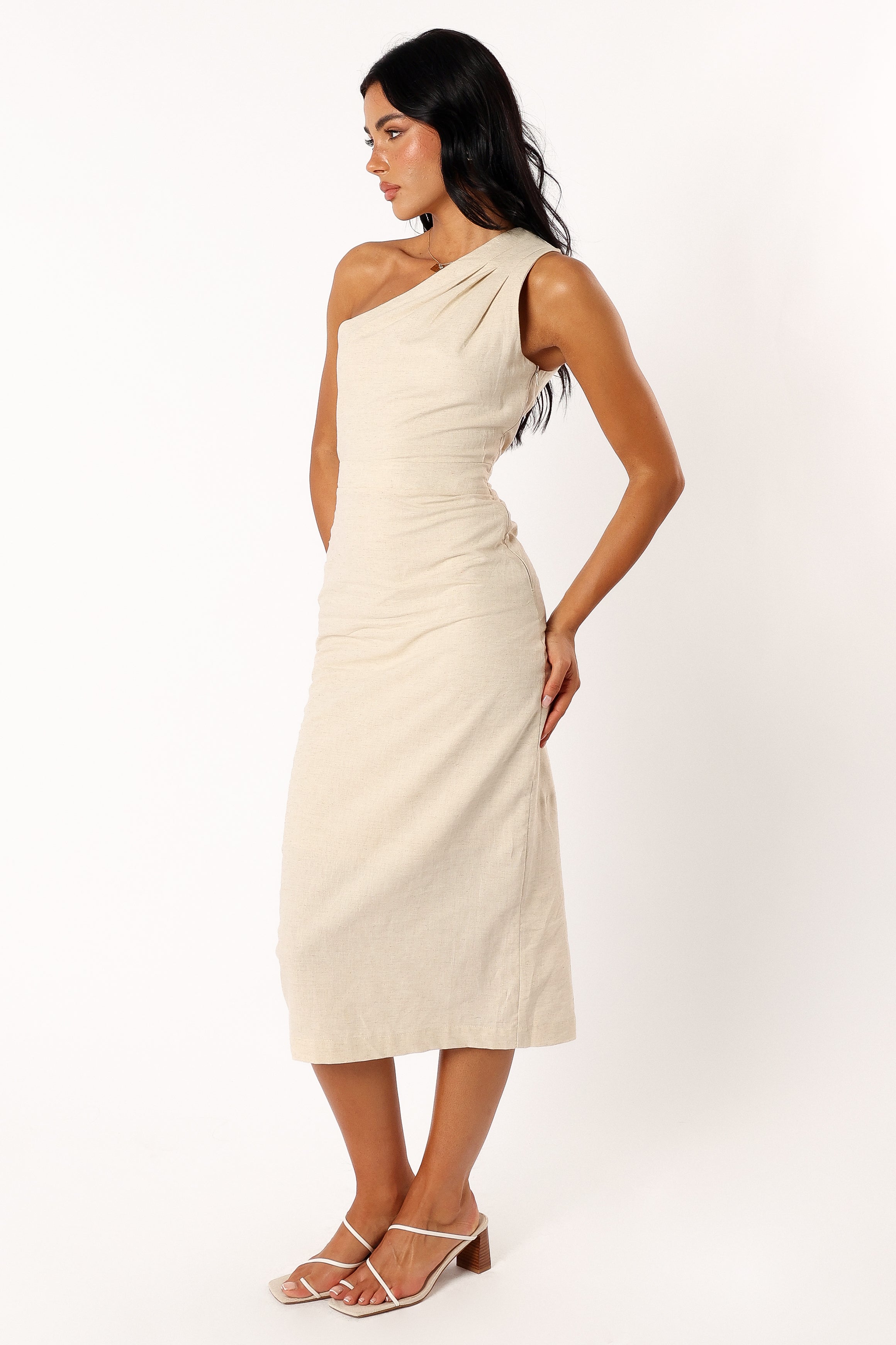 Petal and Pup USA DRESSES Gibson One Shoulder Midi Dress - Oatmeal