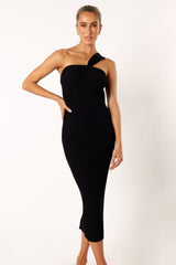 Petal and Pup USA DRESSES Halle One Shoulder Midi Dress - Black
