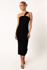 Petal and Pup USA DRESSES Halle One Shoulder Midi Dress - Black