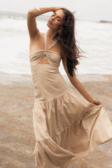 Petal and Pup USA DRESSES Haven Halterneck Maxi Dress - Tan