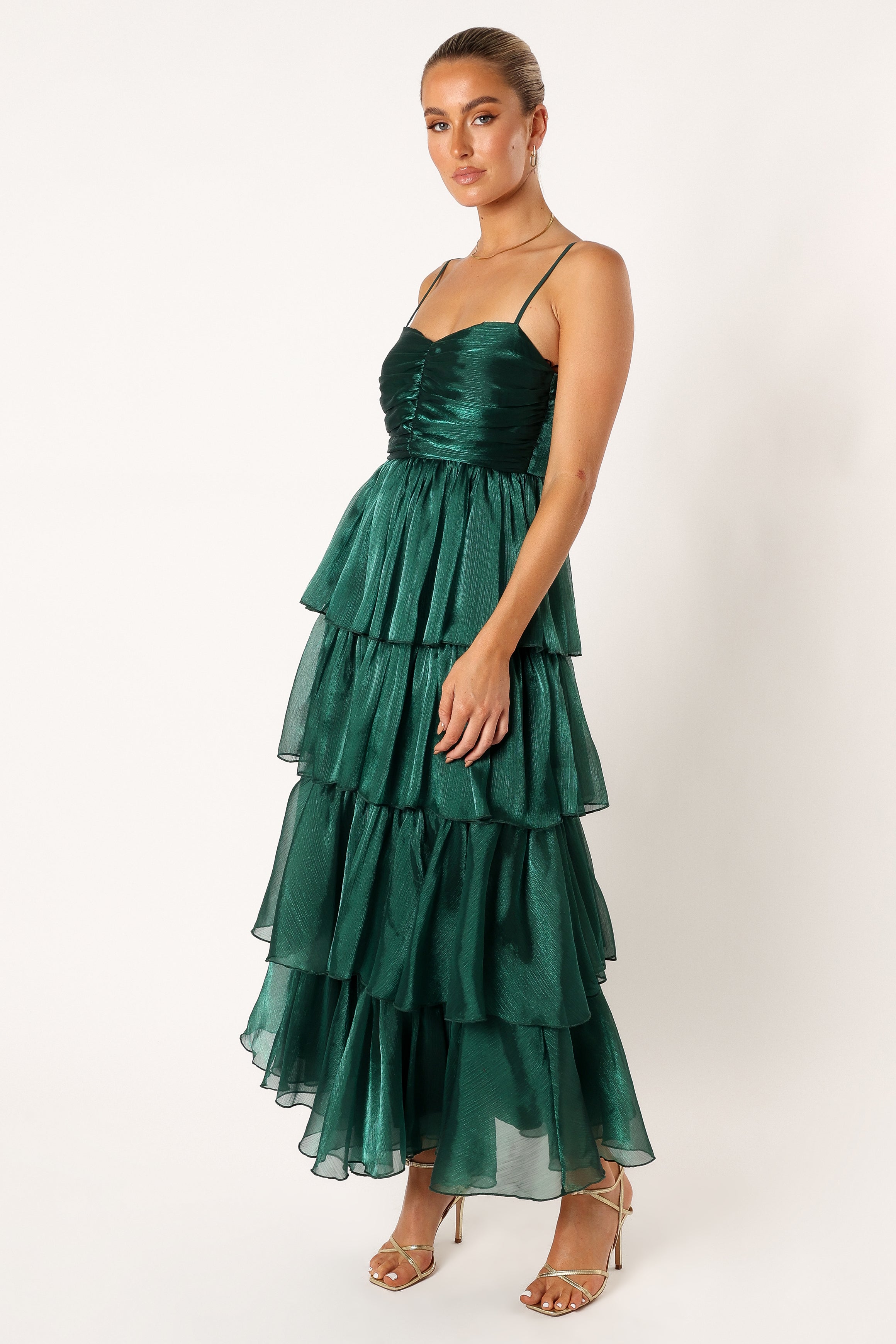 Petal and Pup USA DRESSES Jace Tiered Maxi Dress - Shimmer Emerald