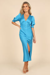 Petal and Pup USA DRESSES Juniper Puff Sleeve Buttoned Midi Dress - Blue