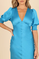 Petal and Pup USA DRESSES Juniper Puff Sleeve Buttoned Midi Dress - Blue