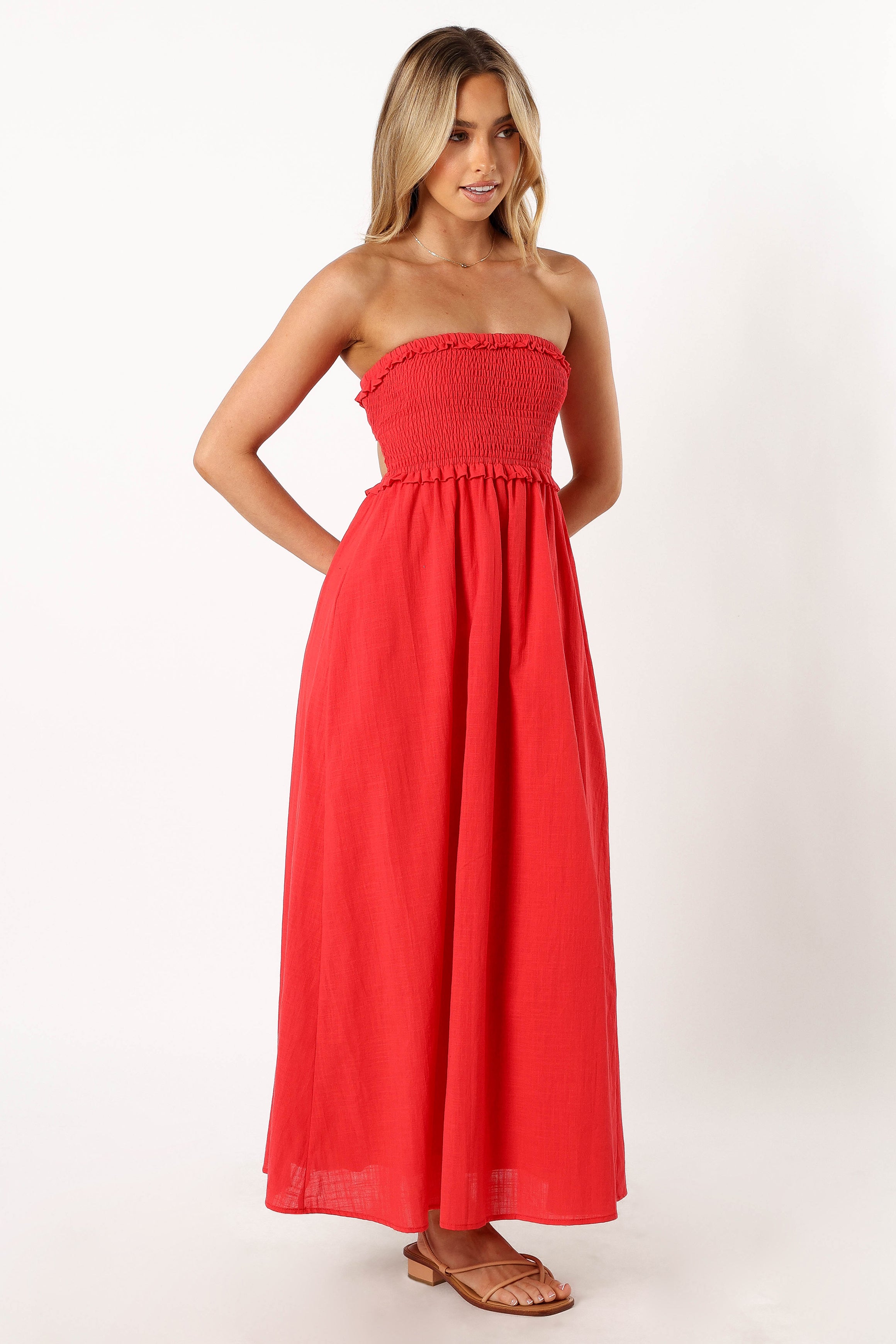 Petal and Pup USA DRESSES Katriona Strapless Midi Dress - Red