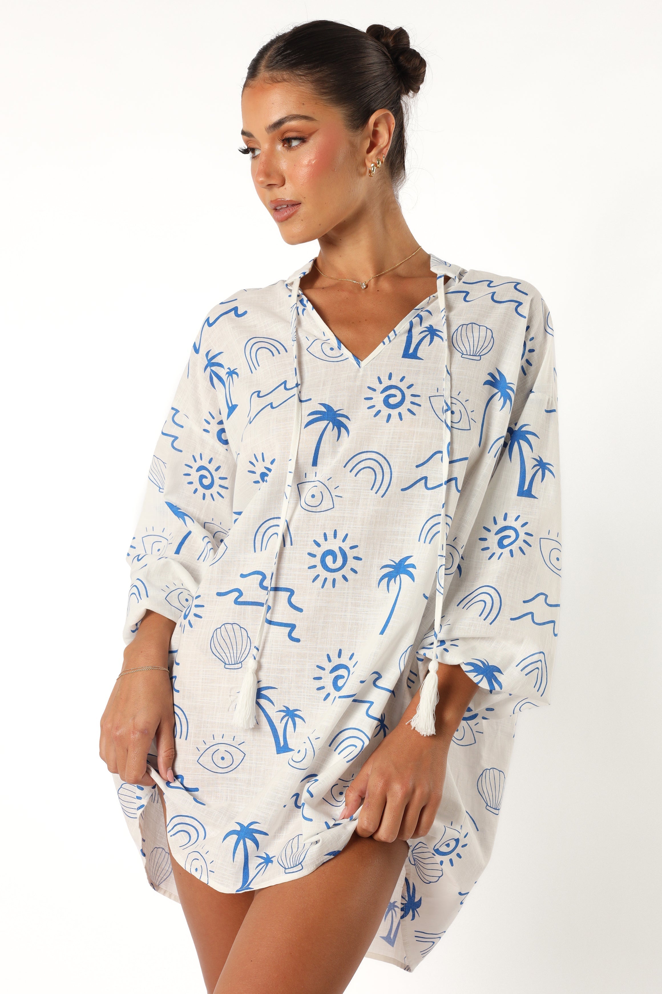 Petal and Pup USA DRESSES Laila Long Sleeve Linen Mini Dress - White Blue