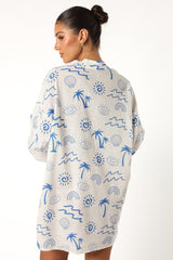 Petal and Pup USA DRESSES Laila Long Sleeve Linen Mini Dress - White Blue