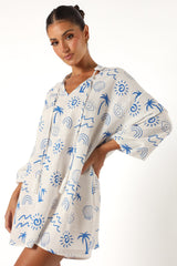 Petal and Pup USA DRESSES Laila Long Sleeve Linen Mini Dress - White Blue