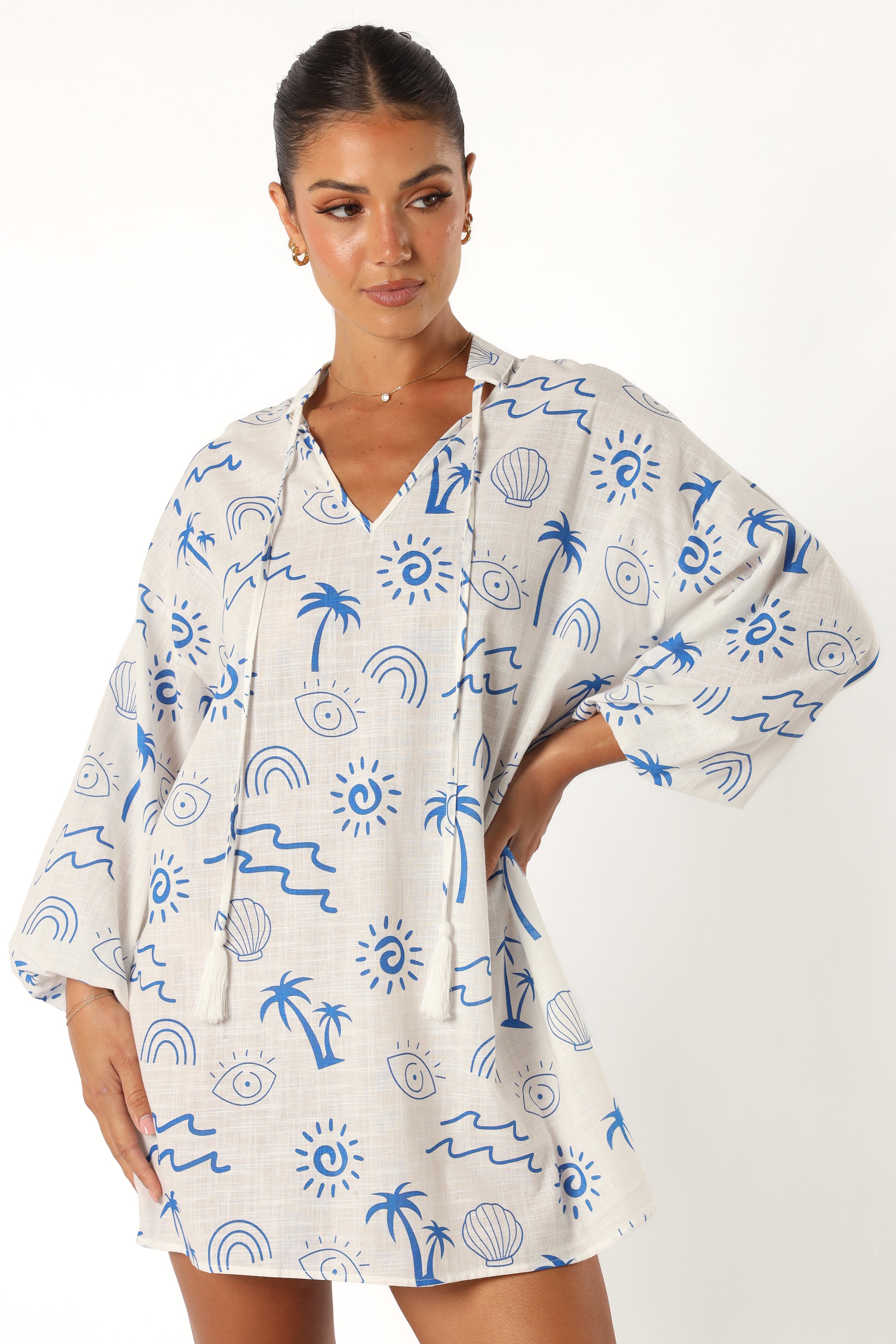 Petal and Pup USA DRESSES Laila Long Sleeve Linen Mini Dress - White Blue