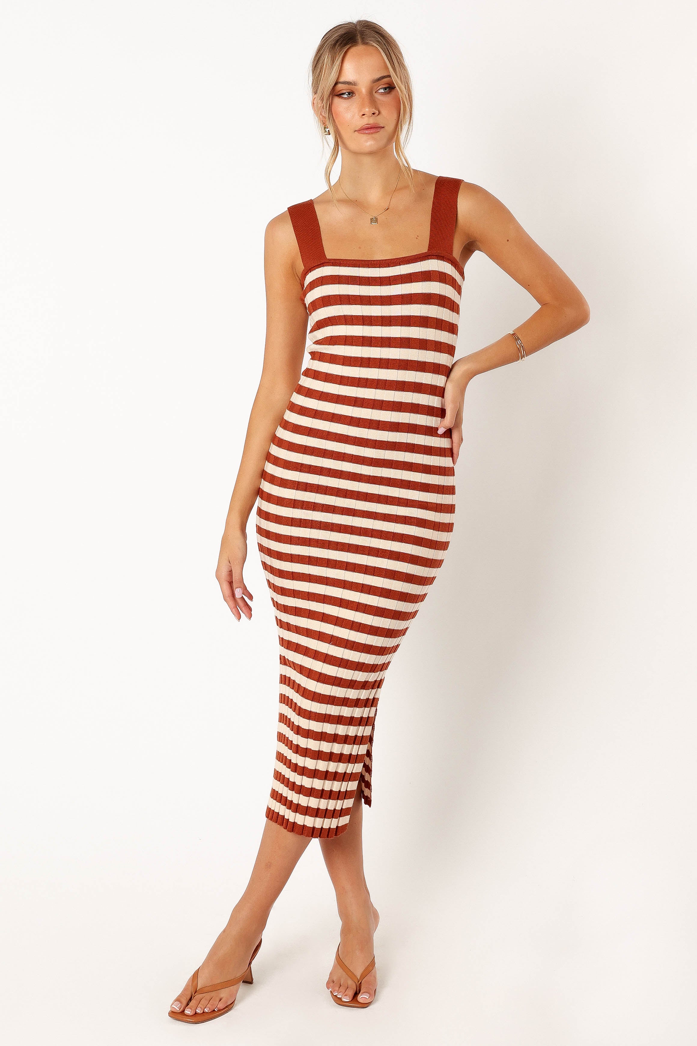 Petal and Pup USA DRESSES Ledger Midi Dress - Tan Stripe
