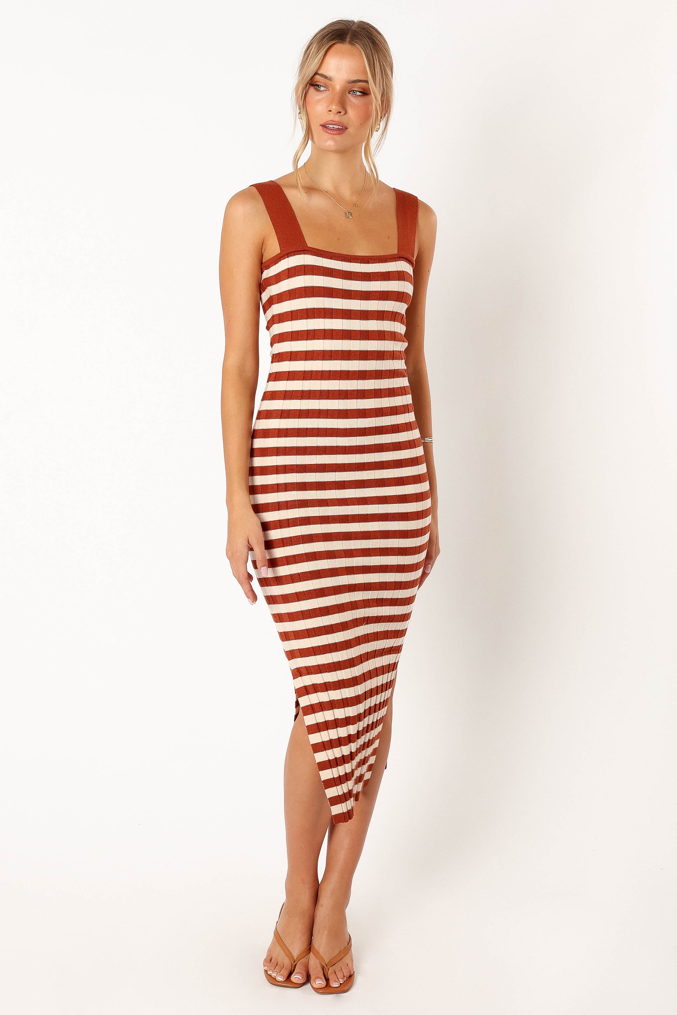Petal and Pup USA DRESSES Ledger Midi Dress - Tan Stripe