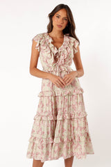 Petal and Pup USA DRESSES Levelle Midi Ruffle Dress - Ivory/Red Green Floral