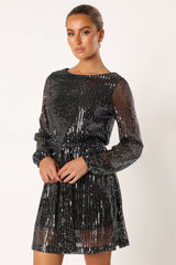 Petal and Pup USA DRESSES Linnie Long Sleeve Mini Dress - Black Sequin