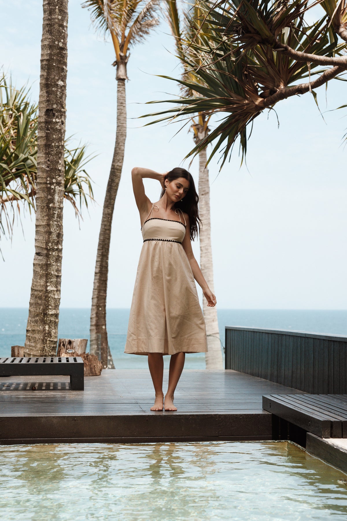 Petal and Pup USA DRESSES Lino Contrast Trim Midi Dress - Cream Black