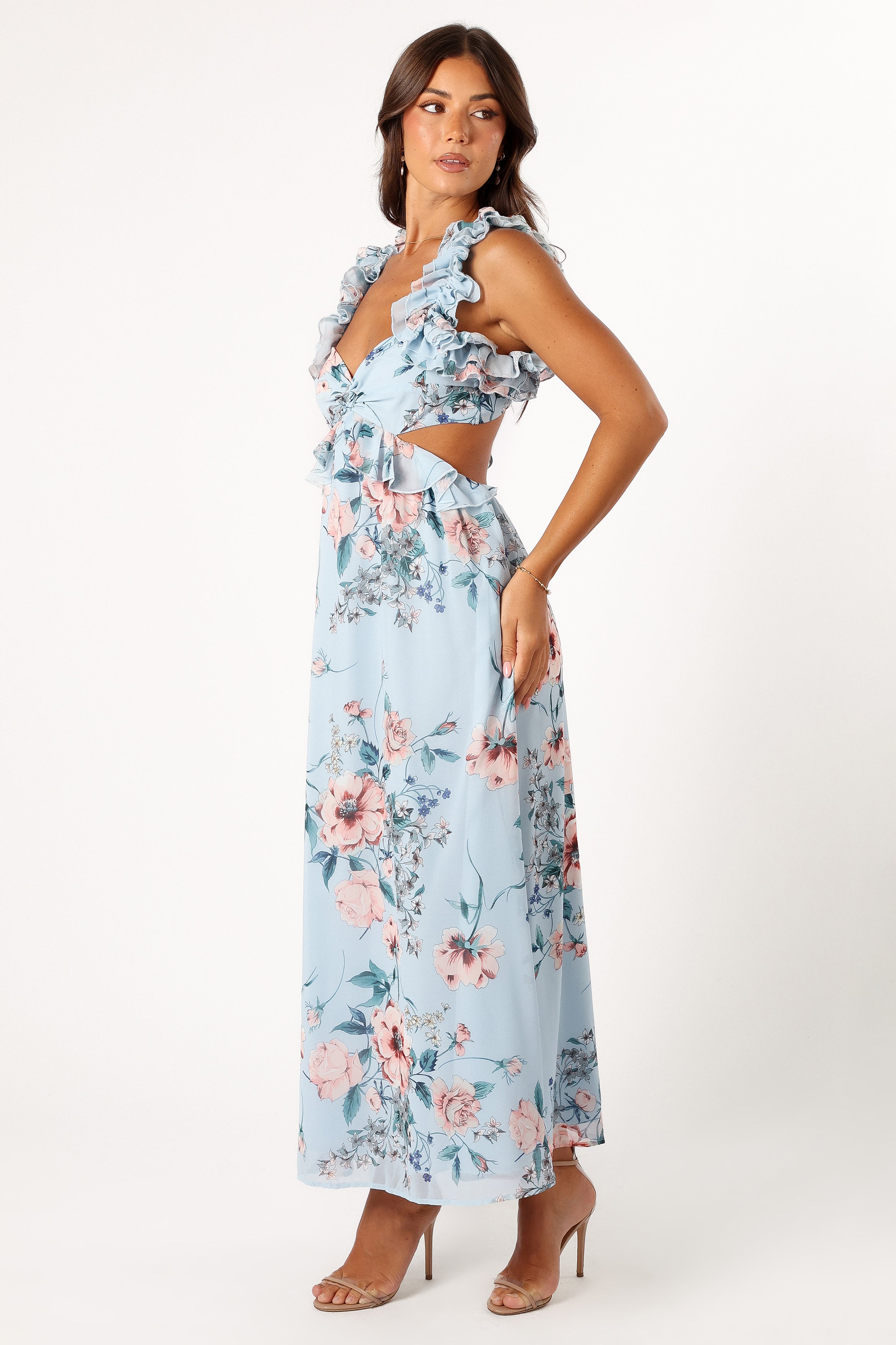 Petal and Pup USA DRESSES Lucah Frill Shoulder Maxi Dress - Blue Floral