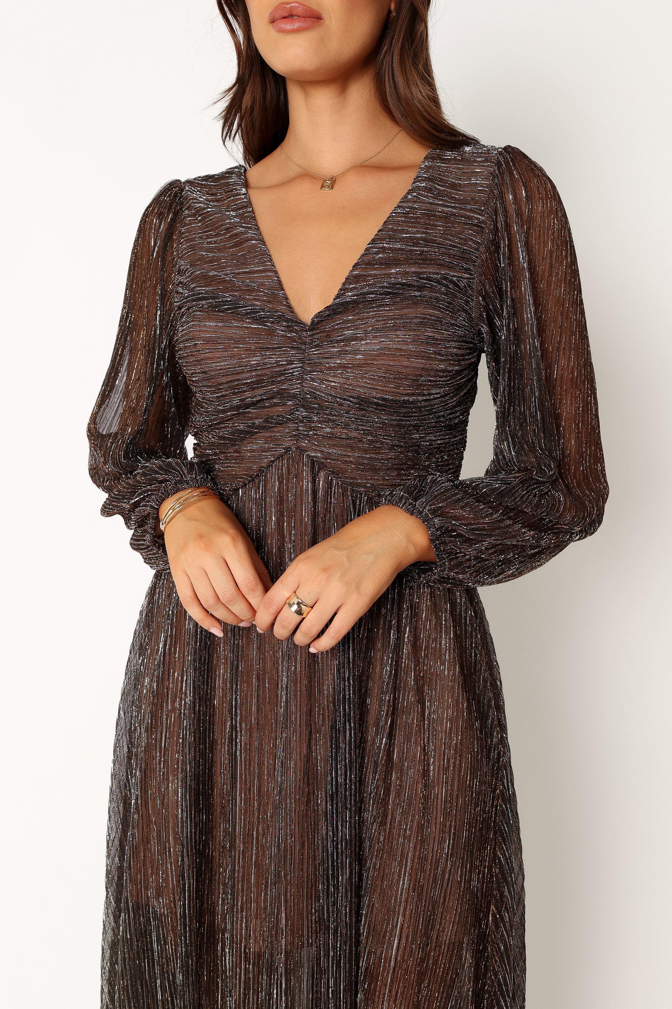Petal and Pup USA DRESSES Lustre Long Sleeve Midi Dress - Bronze