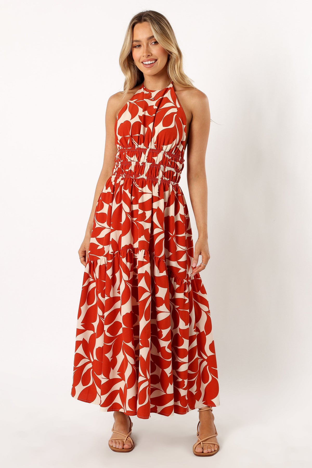 Petal and Pup USA DRESSES Maha Halterneck Maxi Dress - Tan Floral