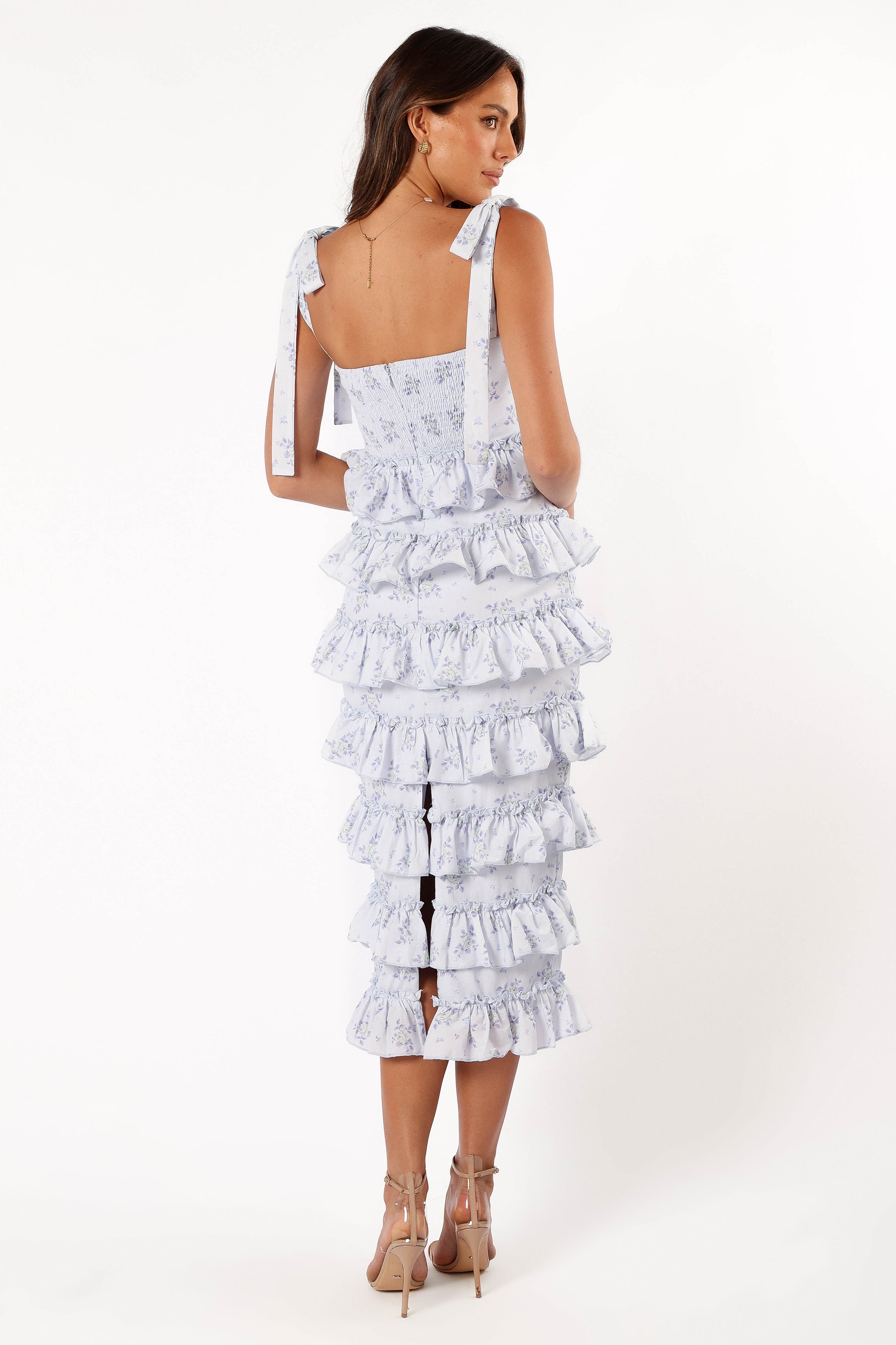 Petal and Pup USA DRESSES Marina Frilled Midi Dress - Blue Floral