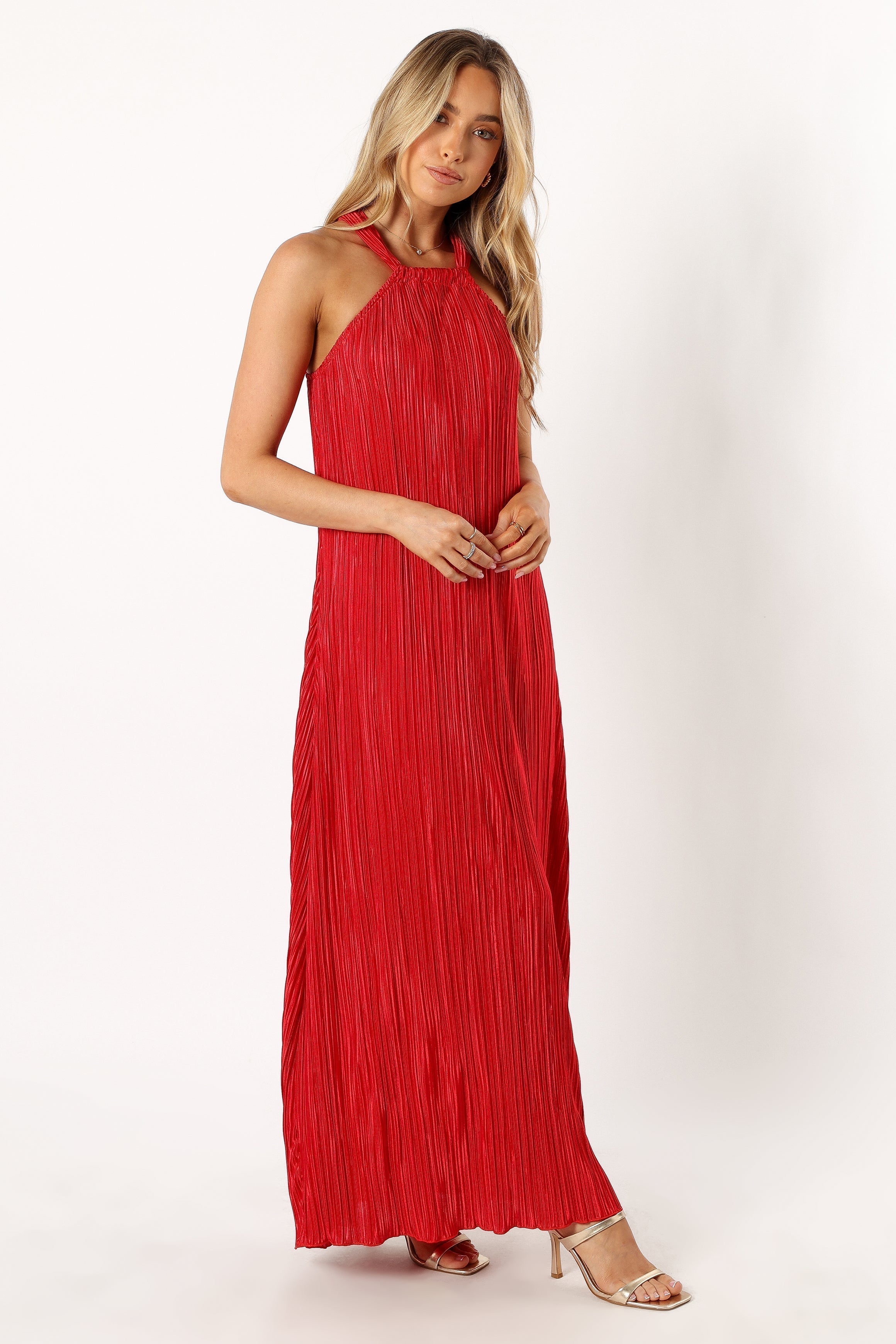 Petal and Pup USA DRESSES Melody Halterneck Plisse Midi Dress - Red