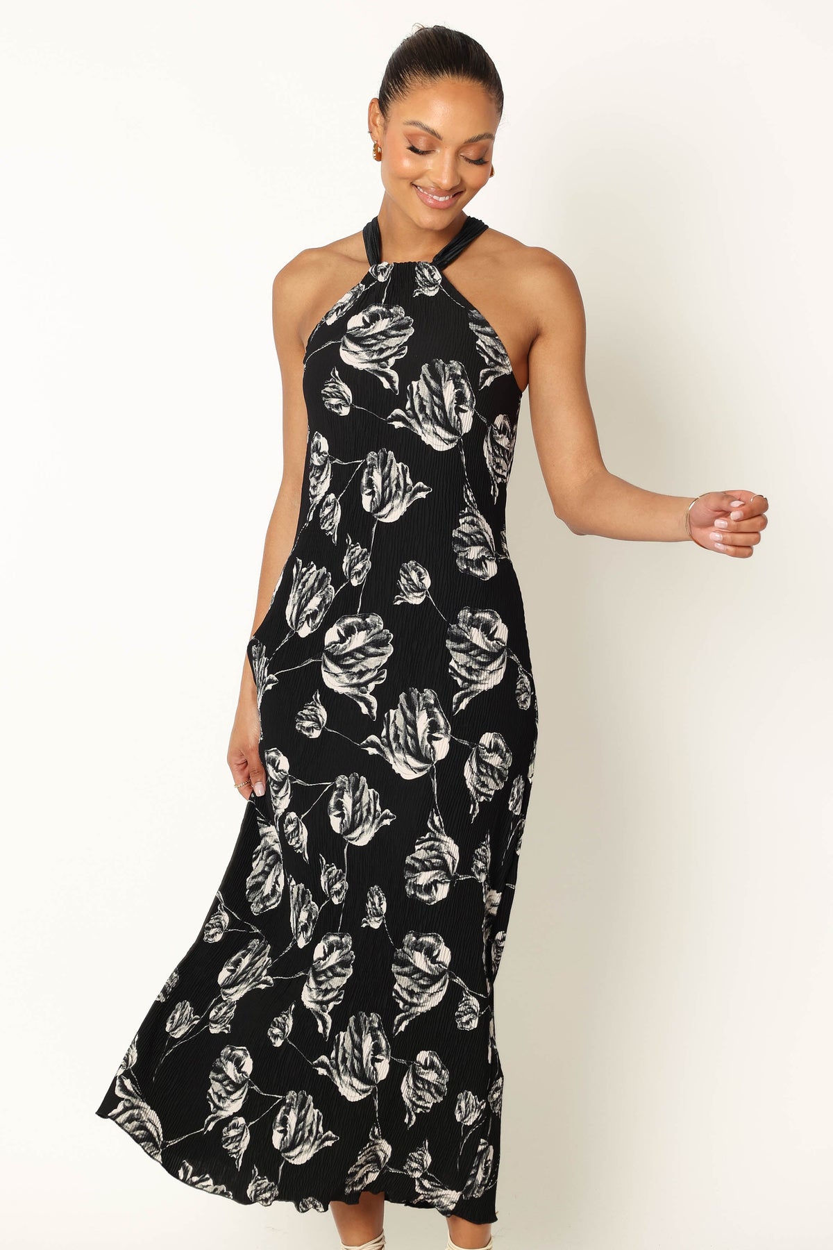 Petal and Pup USA DRESSES Melody Plisse Halter Maxi Dress - Black Floral