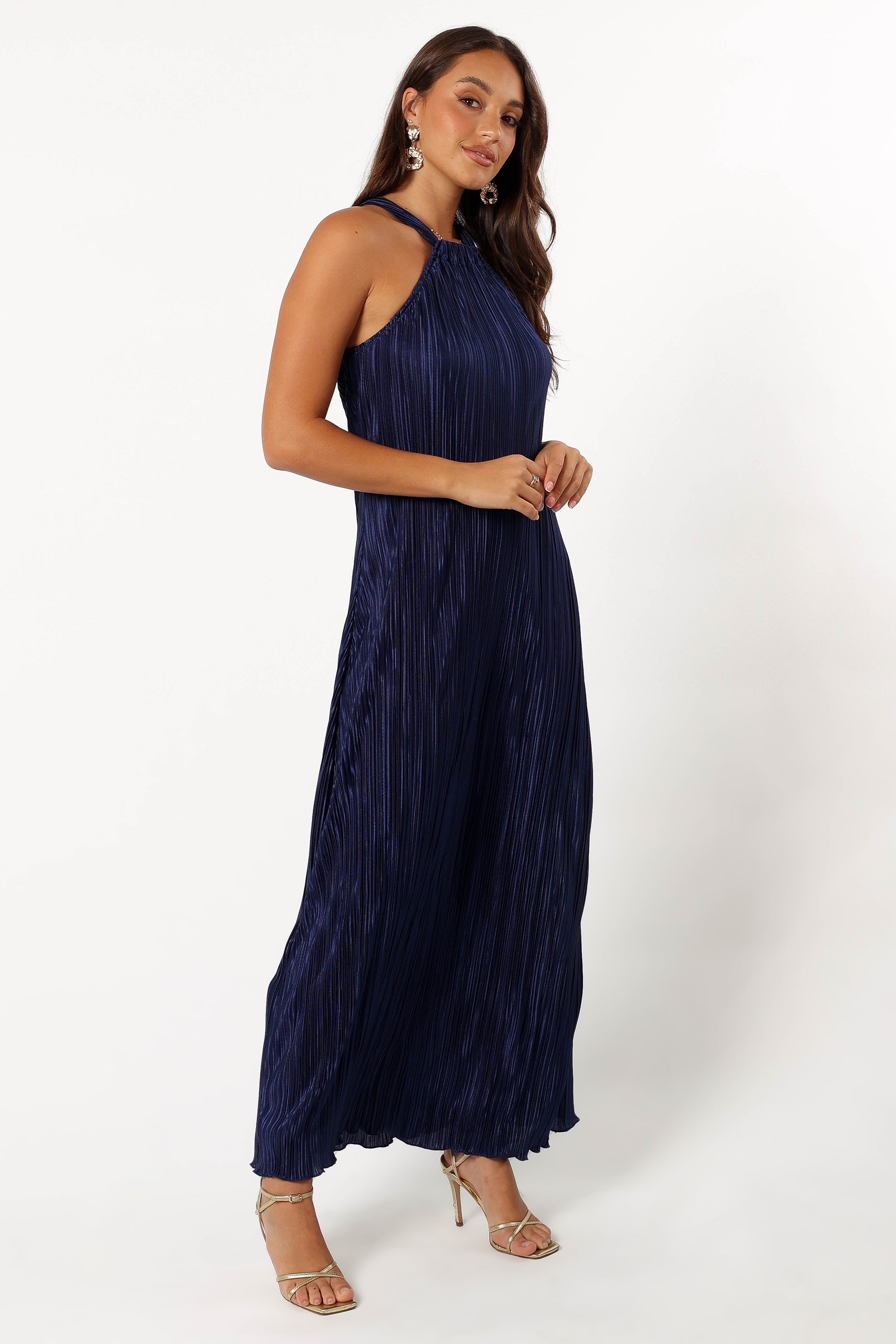Petal and Pup USA DRESSES Melody Plisse Halter Maxi Dress - Navy