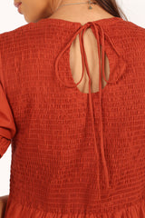 Petal and Pup USA DRESSES Naura Shirred Tiered Midi Dress - Rust