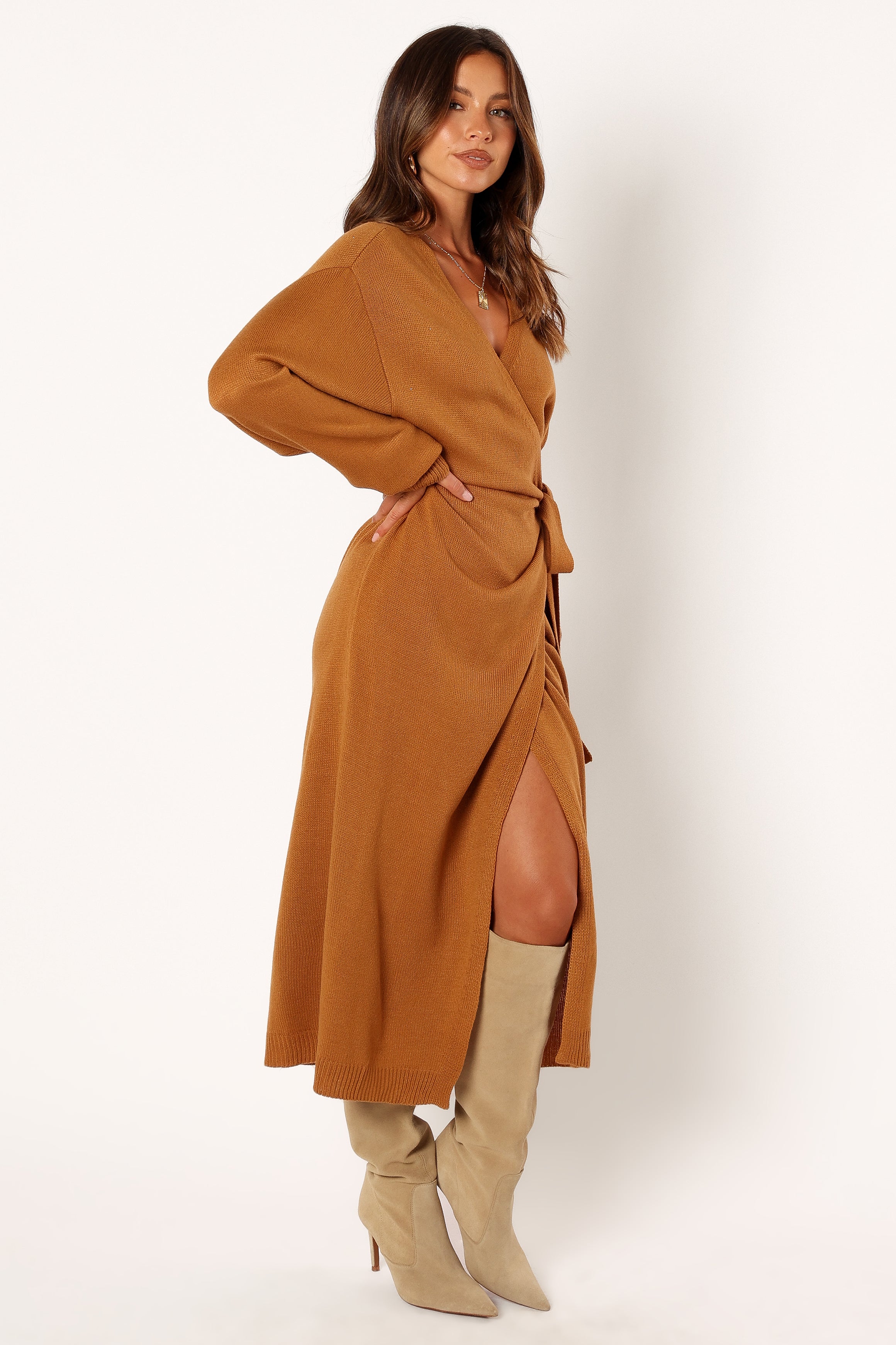 Petal and Pup USA DRESSES Nova Wrap Knit Midi Dress - Camel