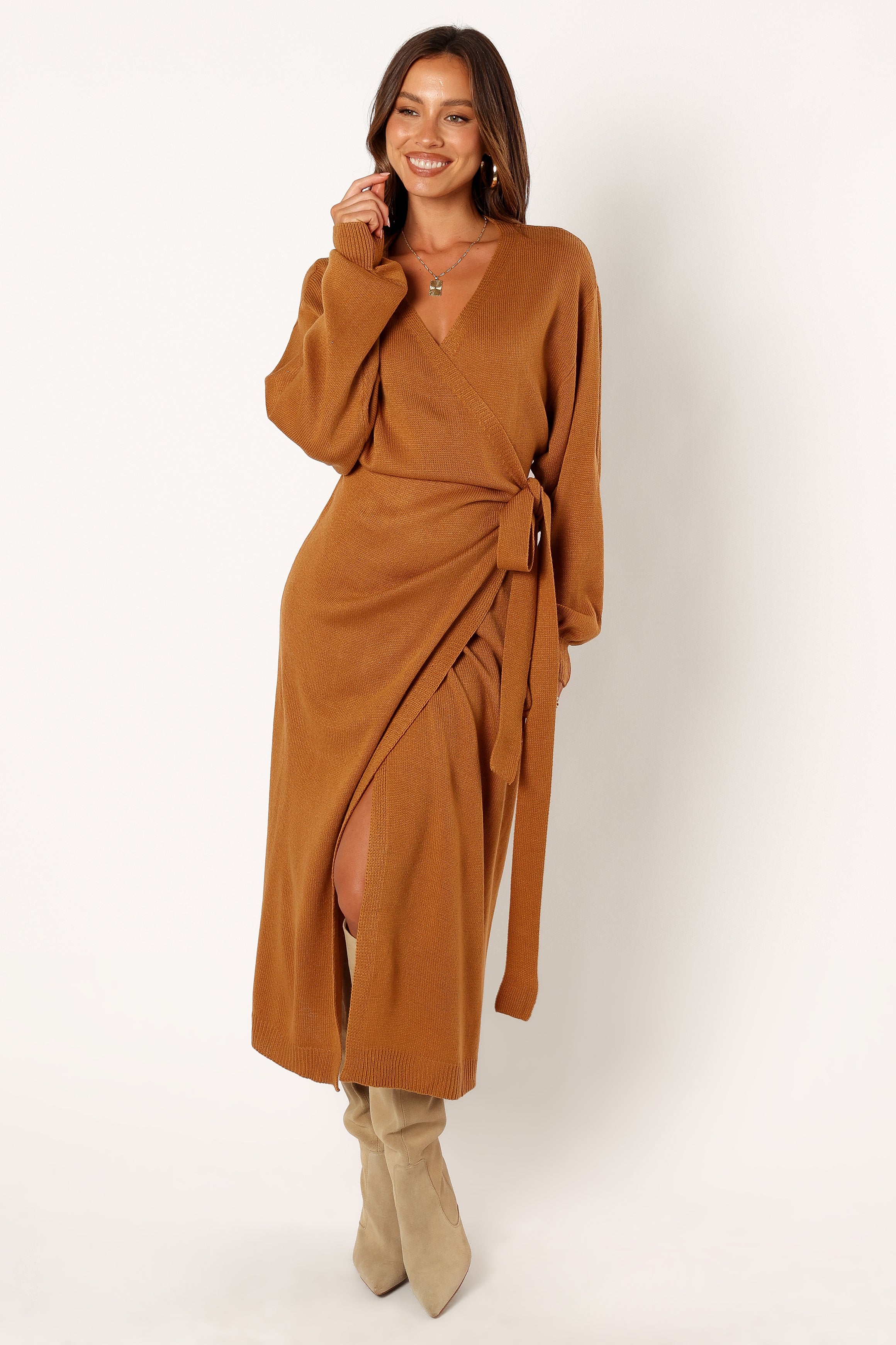 Petal and Pup USA DRESSES Nova Wrap Knit Midi Dress - Camel