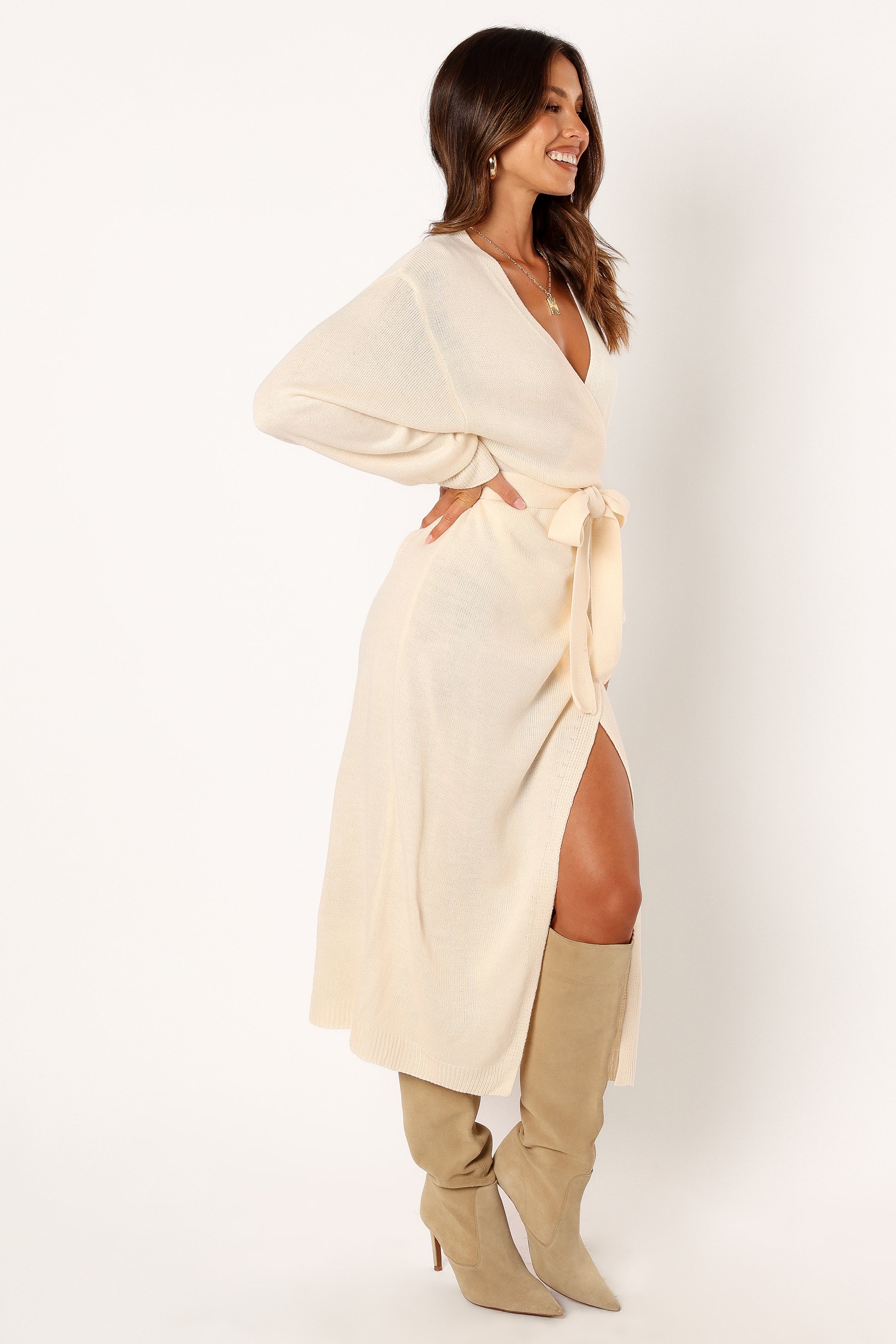 Petal and Pup USA DRESSES Nova Wrap Knit Midi Dress - Taupe