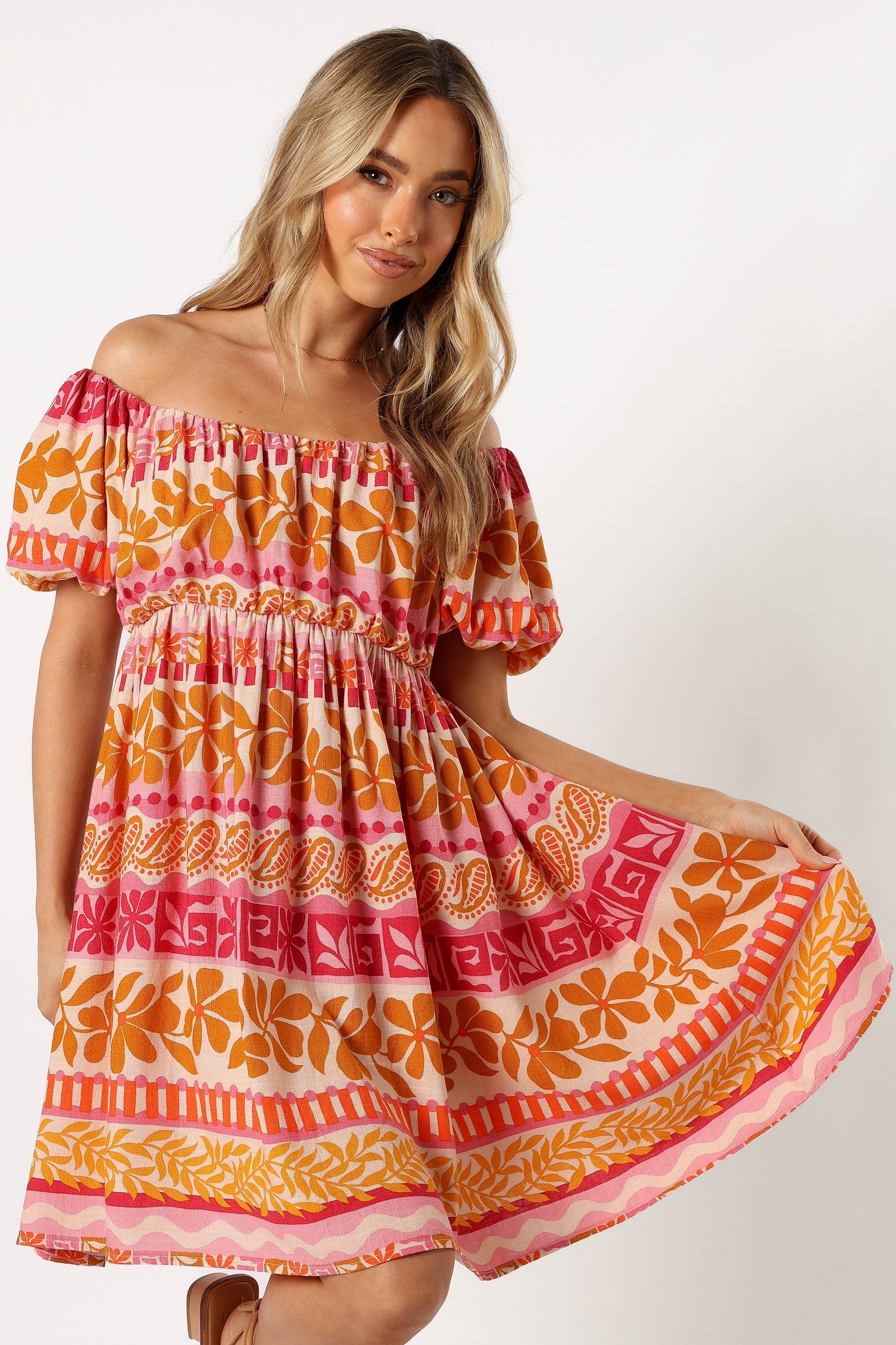 Petal and Pup USA DRESSES Siesta Off Shoulder Mini Dress - Yindi Print