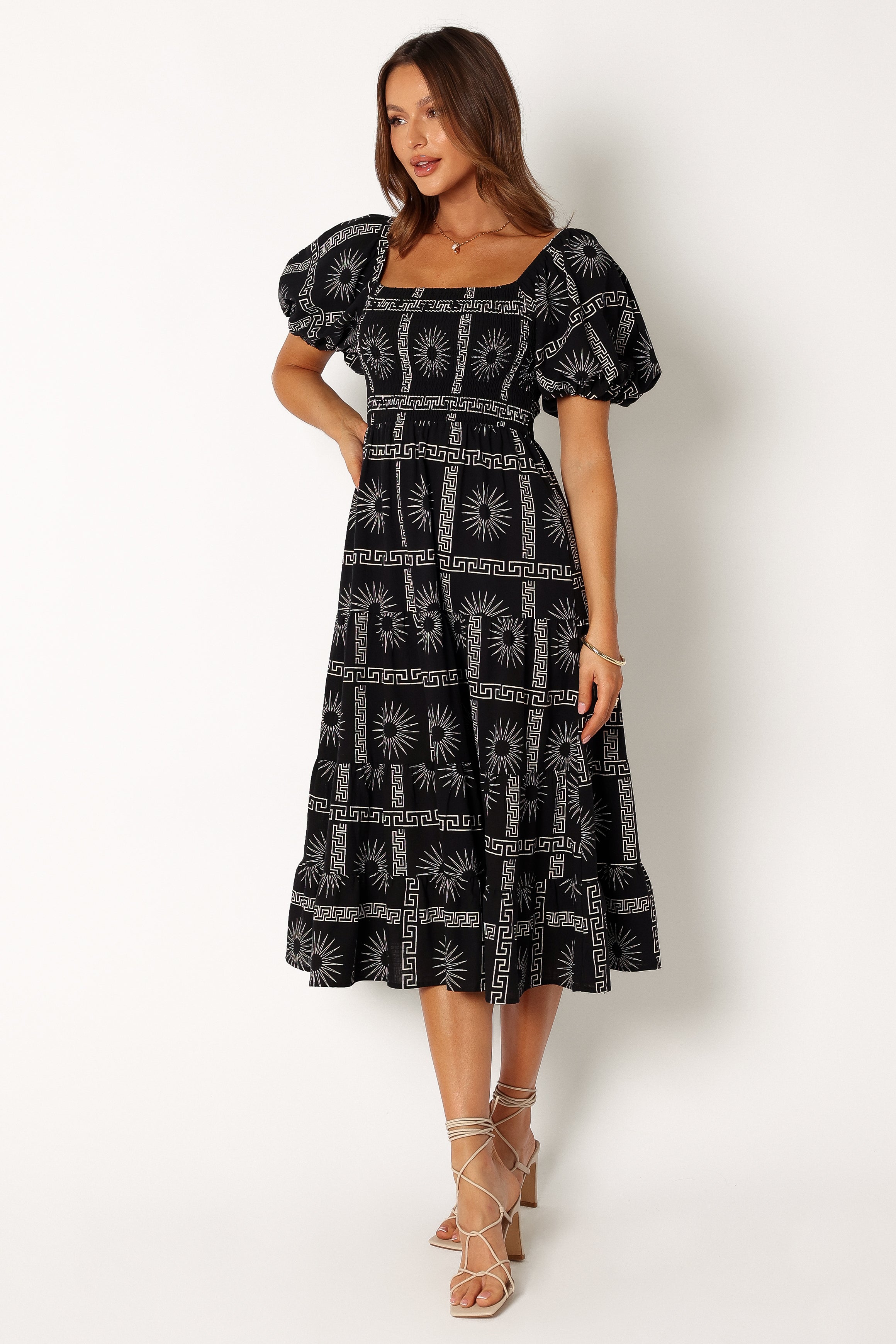 Petal and Pup USA DRESSES Soliel Puff Sleeve Midi Dress - Black Tan