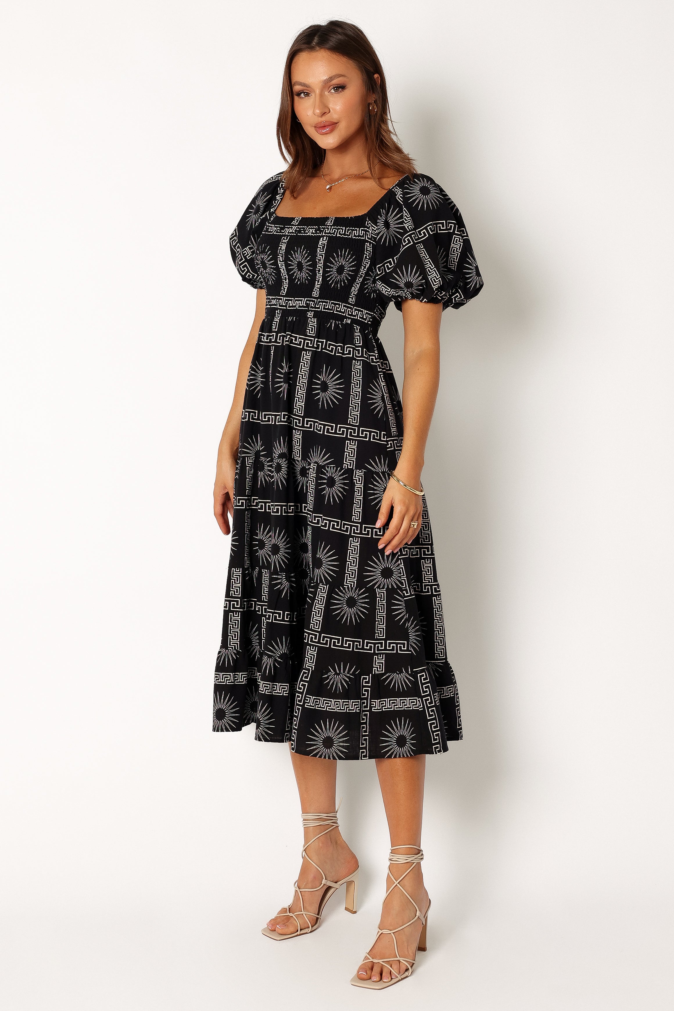 Petal and Pup USA DRESSES Soliel Puff Sleeve Midi Dress - Black Tan