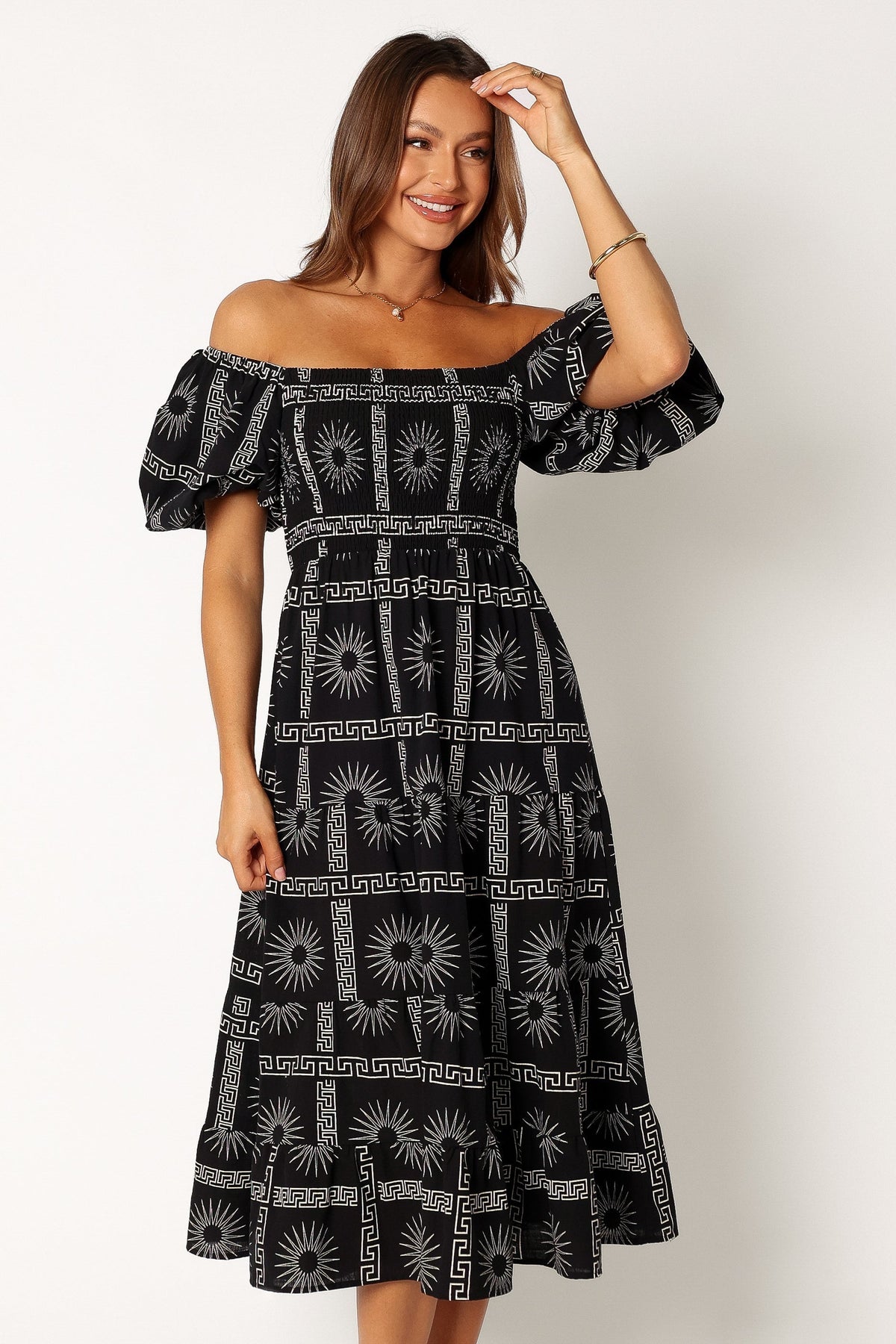 Petal and Pup USA DRESSES Soliel Puff Sleeve Midi Dress - Black Tan