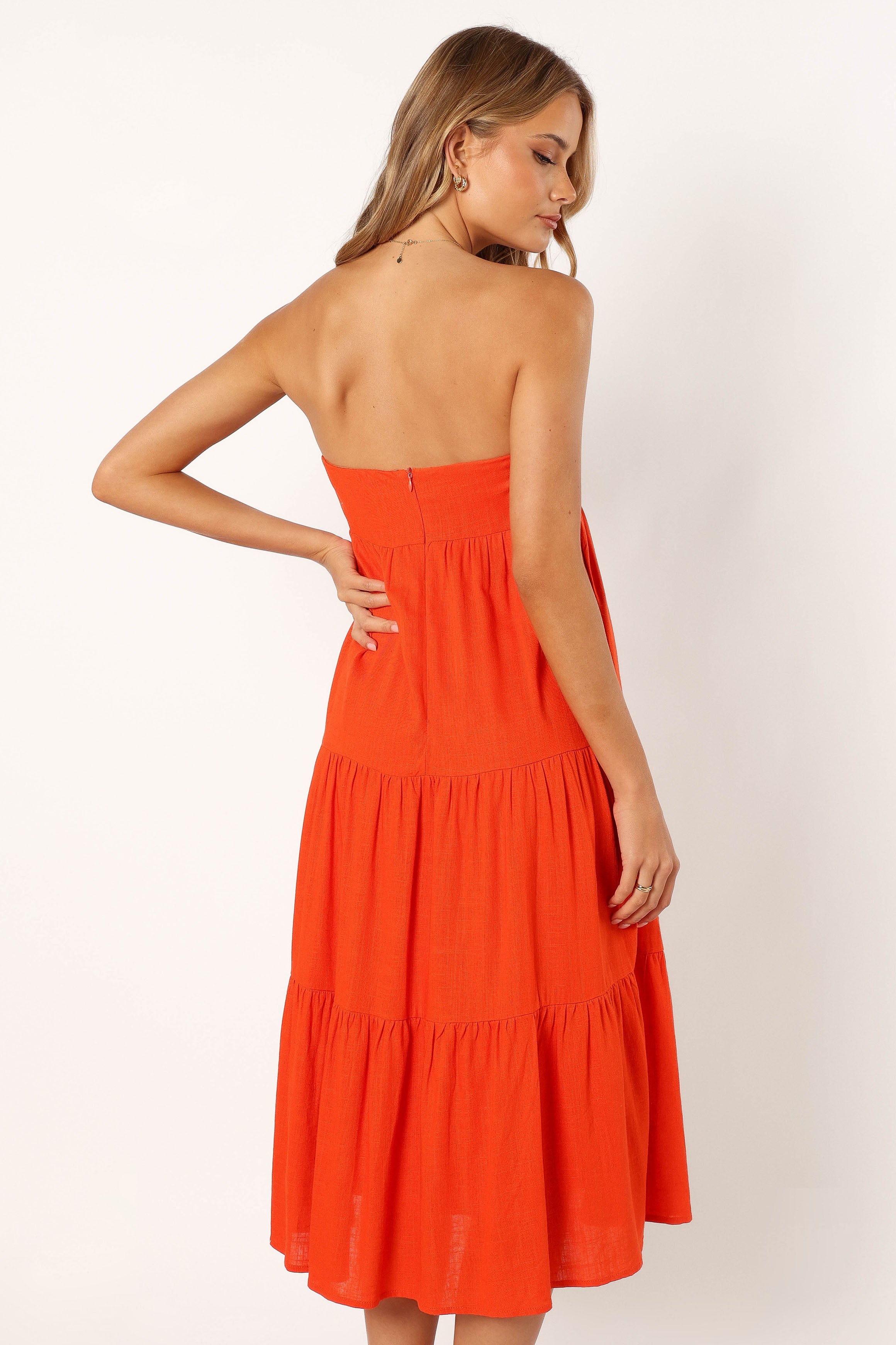 Petal and Pup USA DRESSES Tabi Strapless Midi Dress - Coral Red