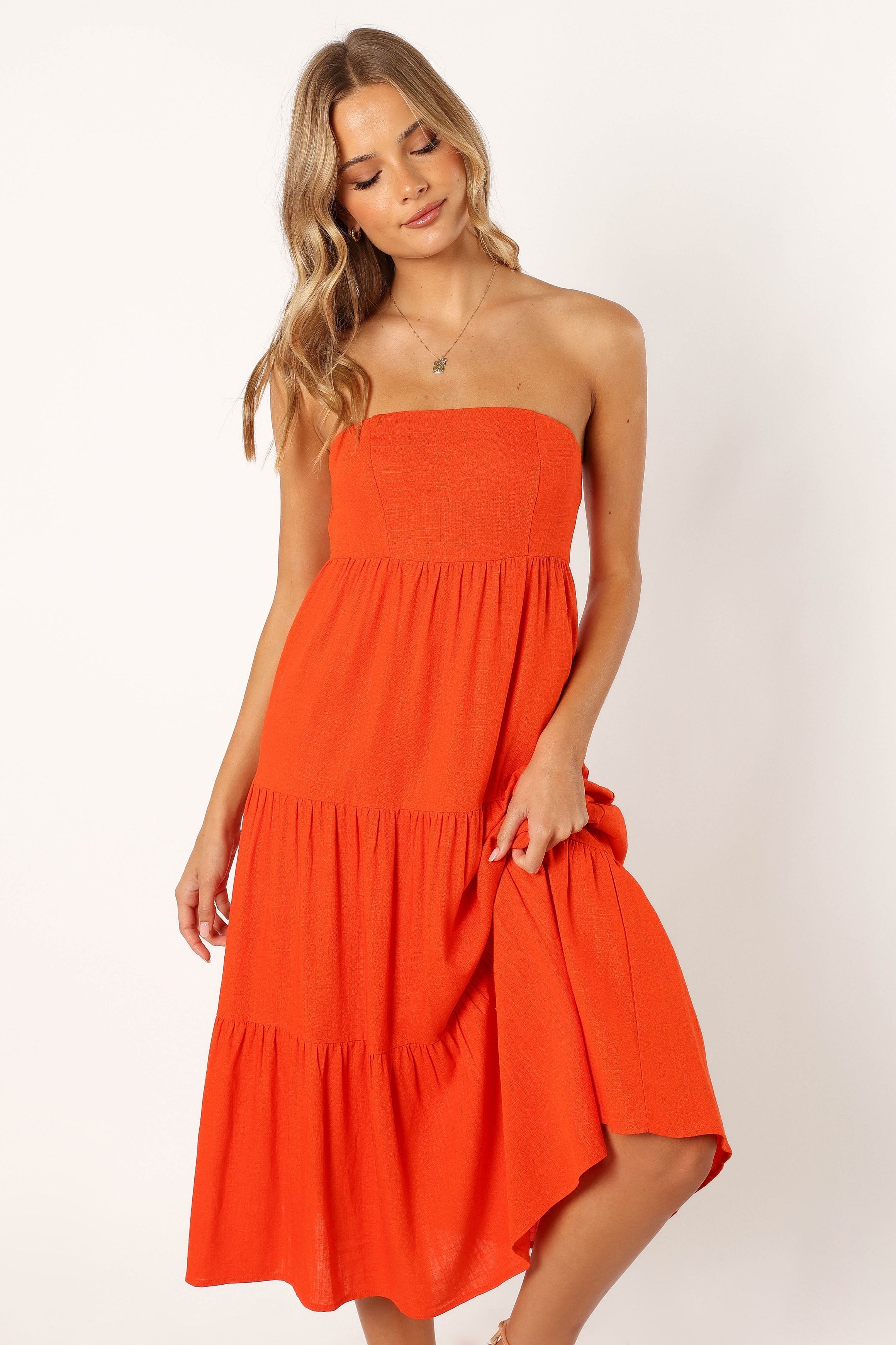 Petal and Pup USA DRESSES Tabi Strapless Midi Dress - Coral Red