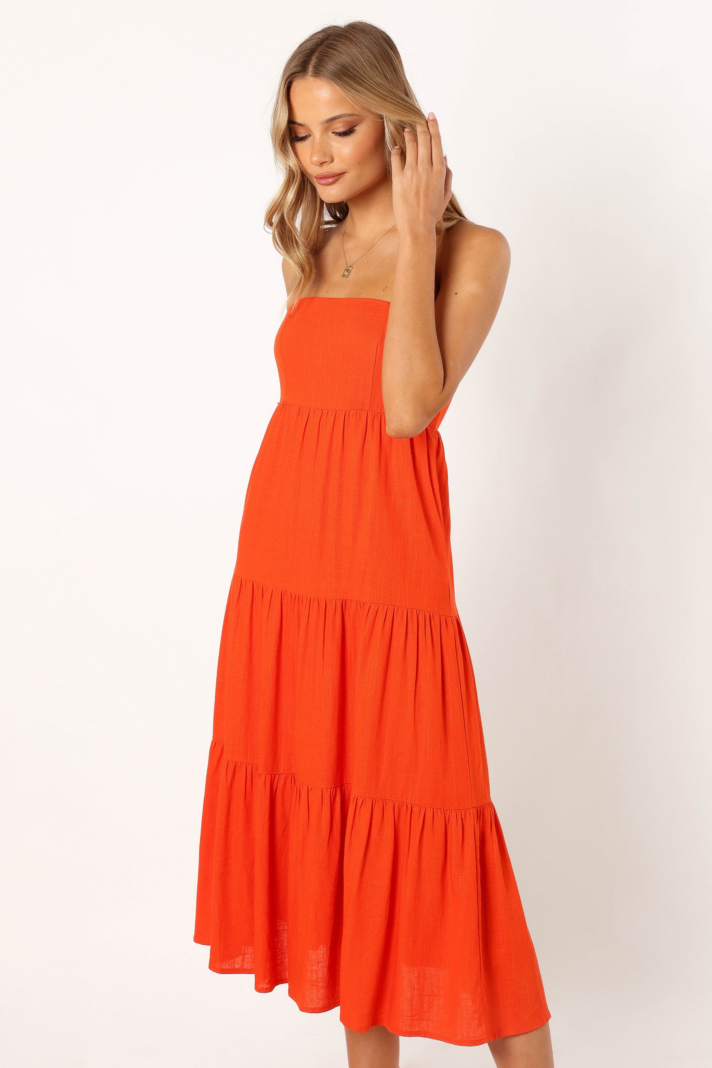 Petal and Pup USA DRESSES Tabi Strapless Midi Dress - Coral Red