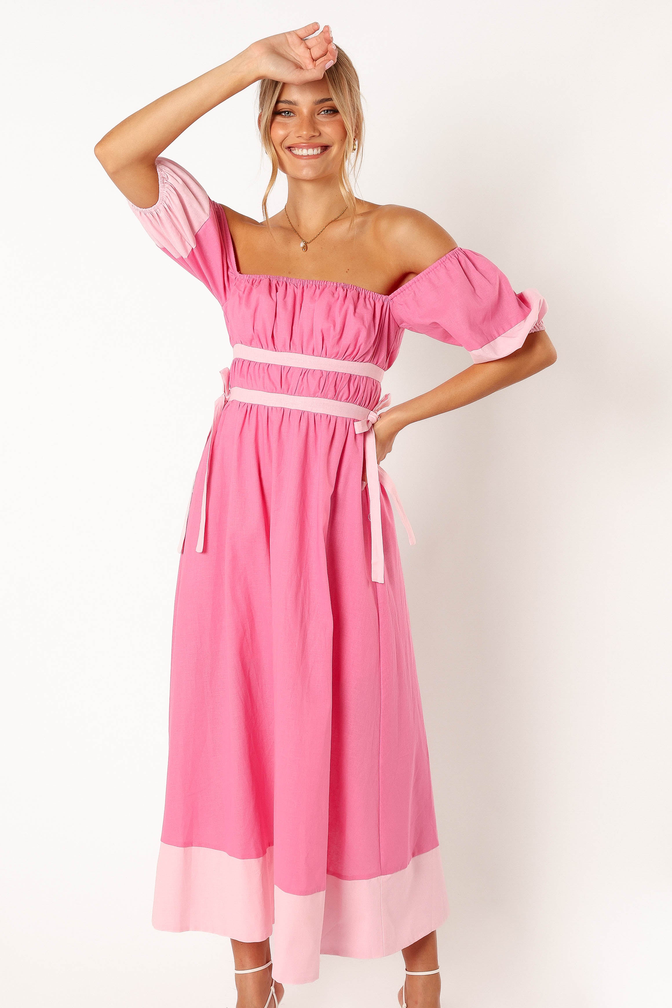 Petal and Pup USA DRESSES Tailor Off Shoulder Midi Dress - Pink