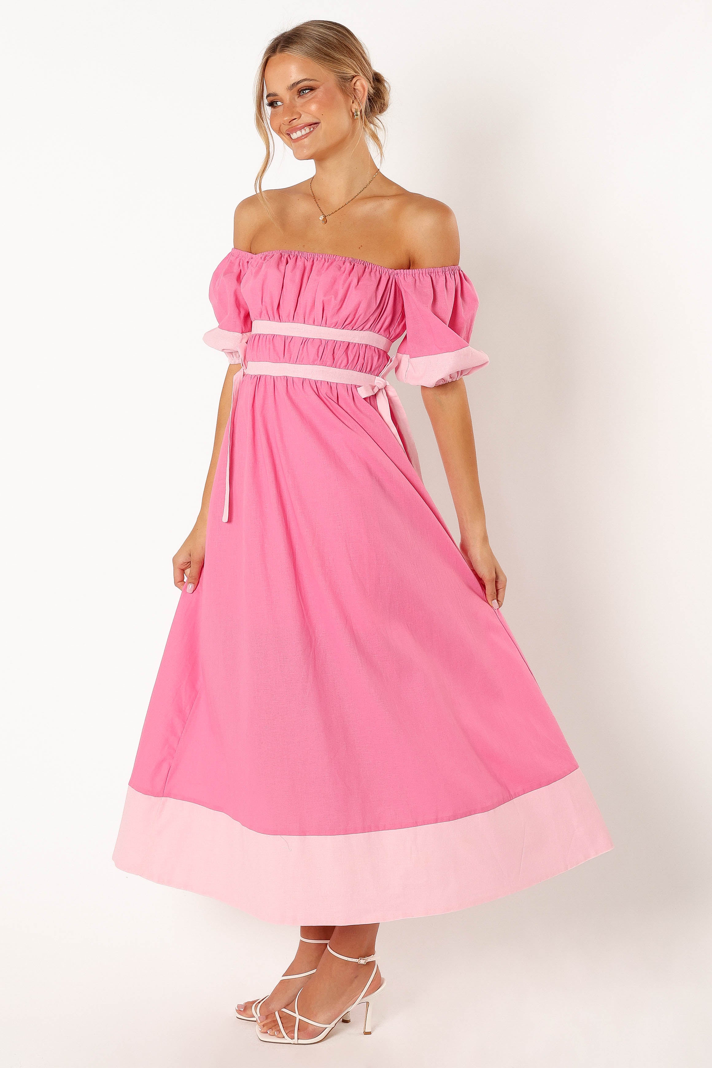 Petal and Pup USA DRESSES Tailor Off Shoulder Midi Dress - Pink
