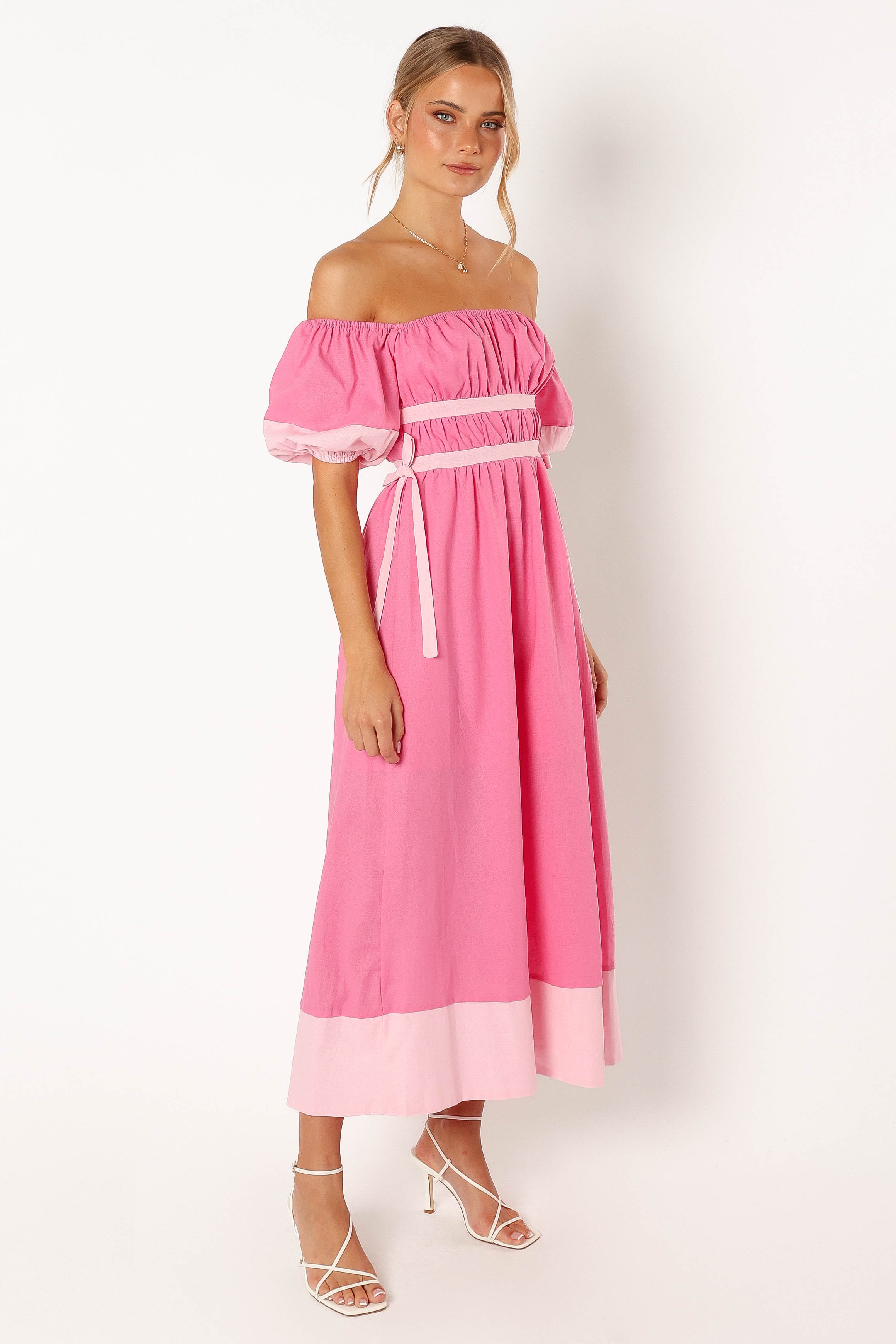 Petal and Pup USA DRESSES Tailor Off Shoulder Midi Dress - Pink