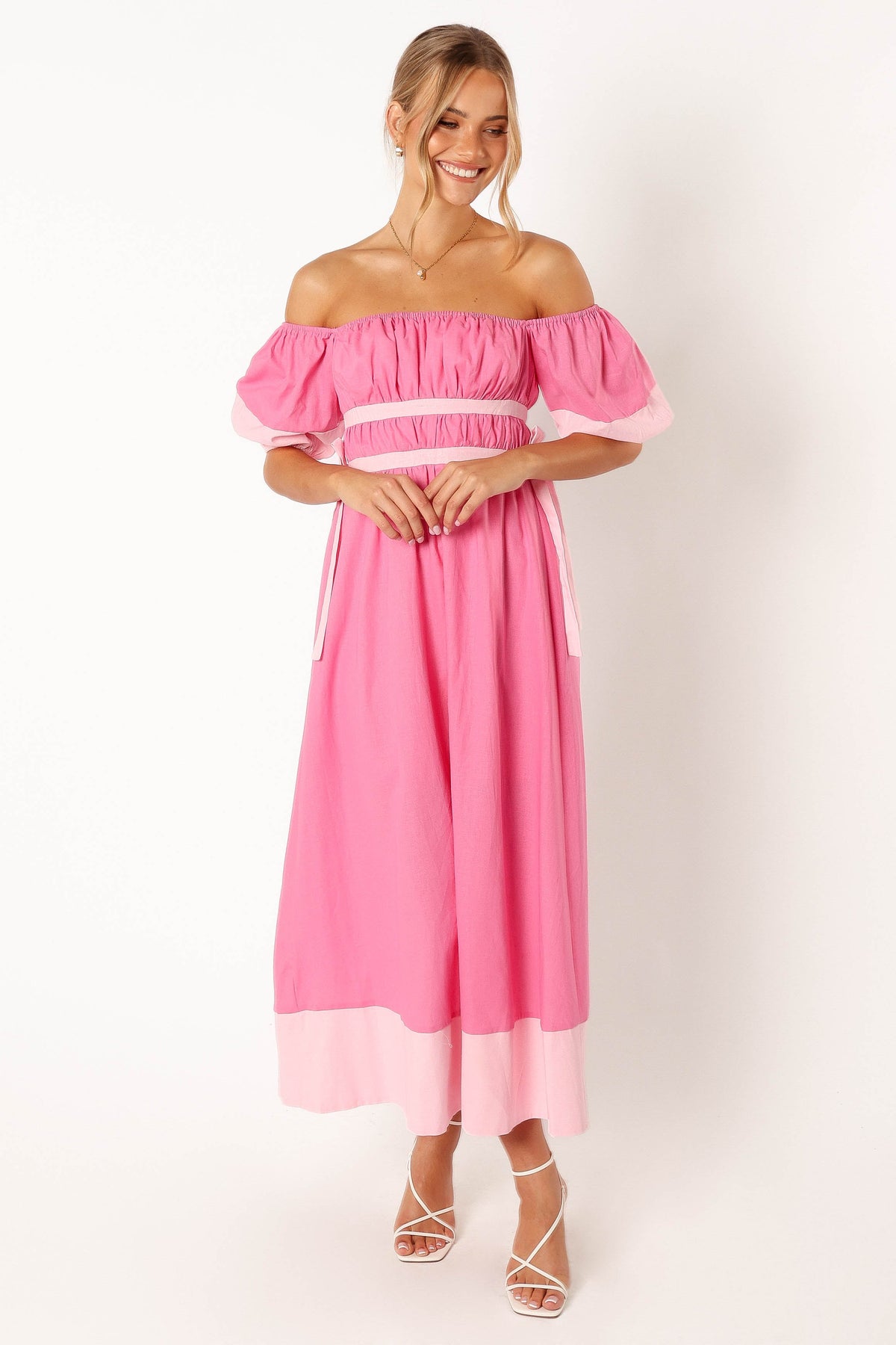 Petal and Pup USA DRESSES Tailor Off Shoulder Midi Dress - Pink