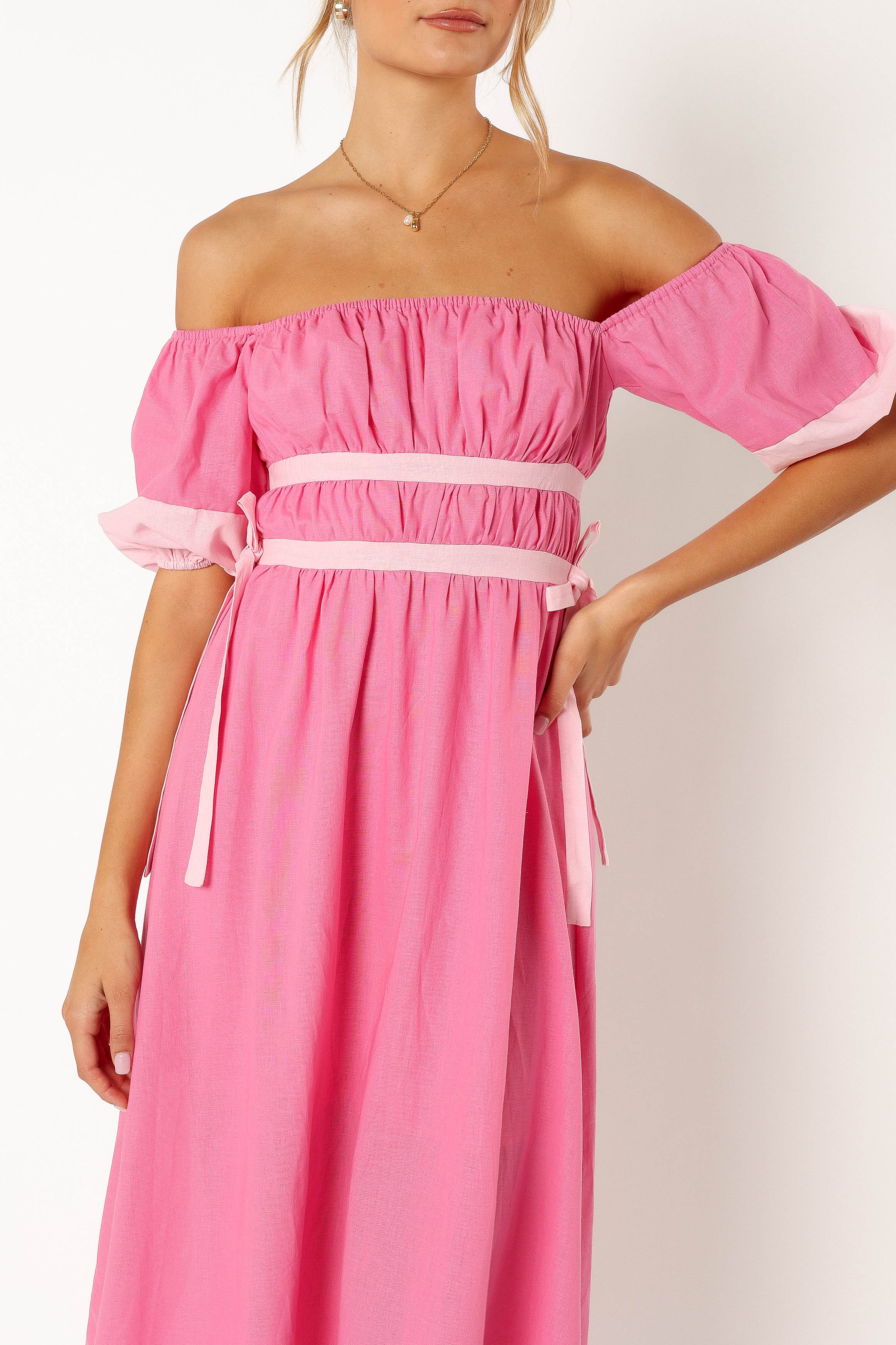 Petal and Pup USA DRESSES Tailor Off Shoulder Midi Dress - Pink