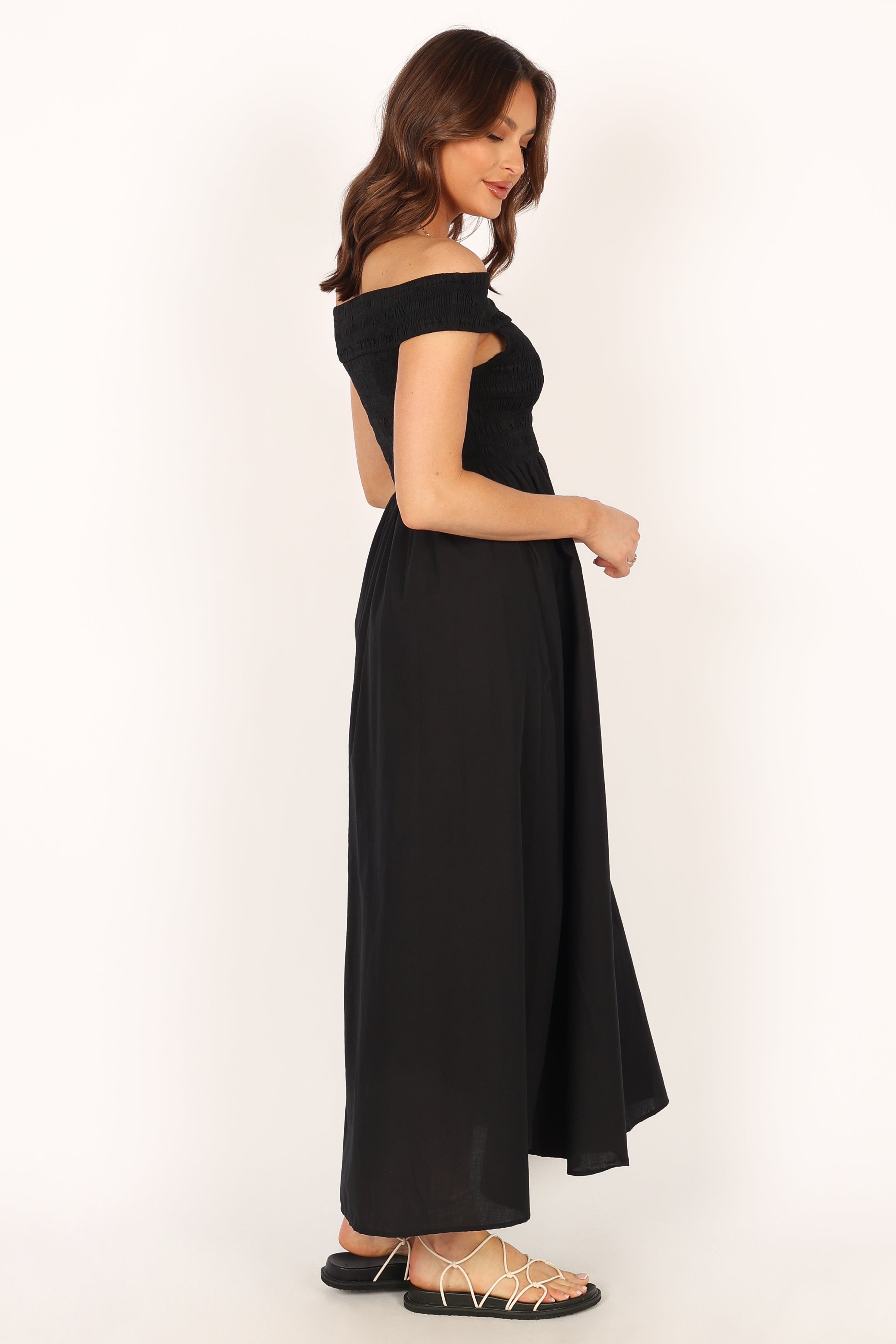 Petal and Pup USA DRESSES Tessa Off Shoulder Midi Dress - Black