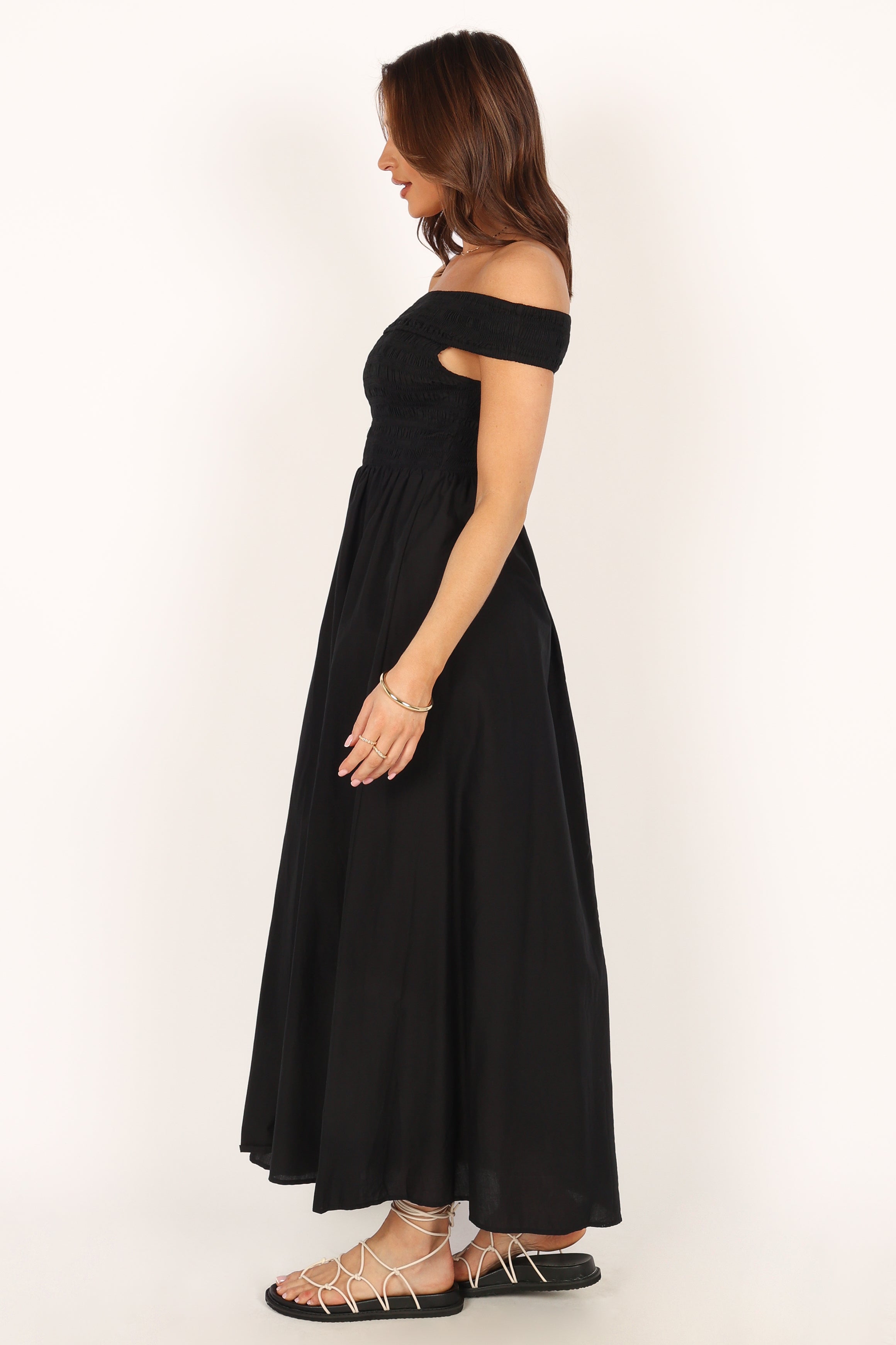 Petal and Pup USA DRESSES Tessa Off Shoulder Midi Dress - Black
