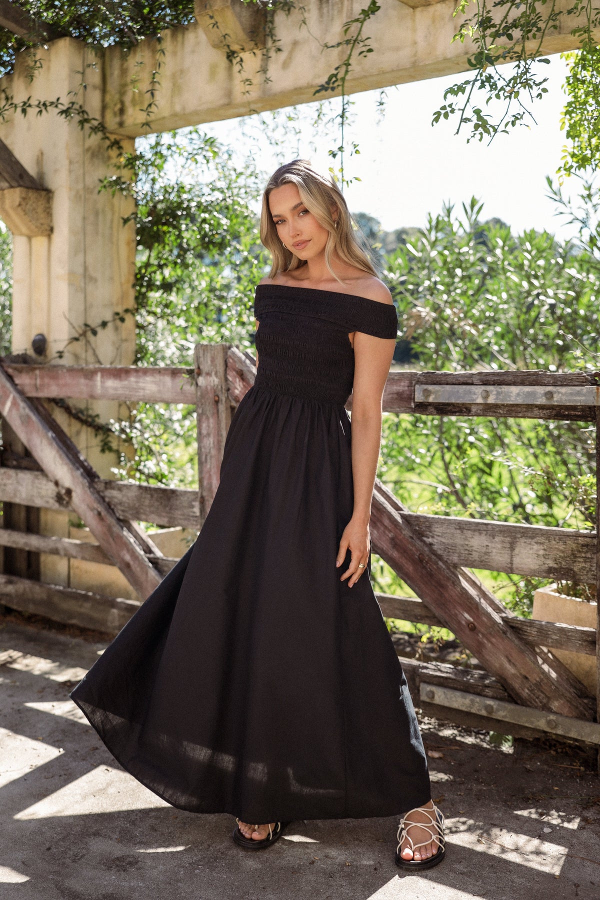 Petal and Pup USA DRESSES Tessa Off Shoulder Midi Dress - Black