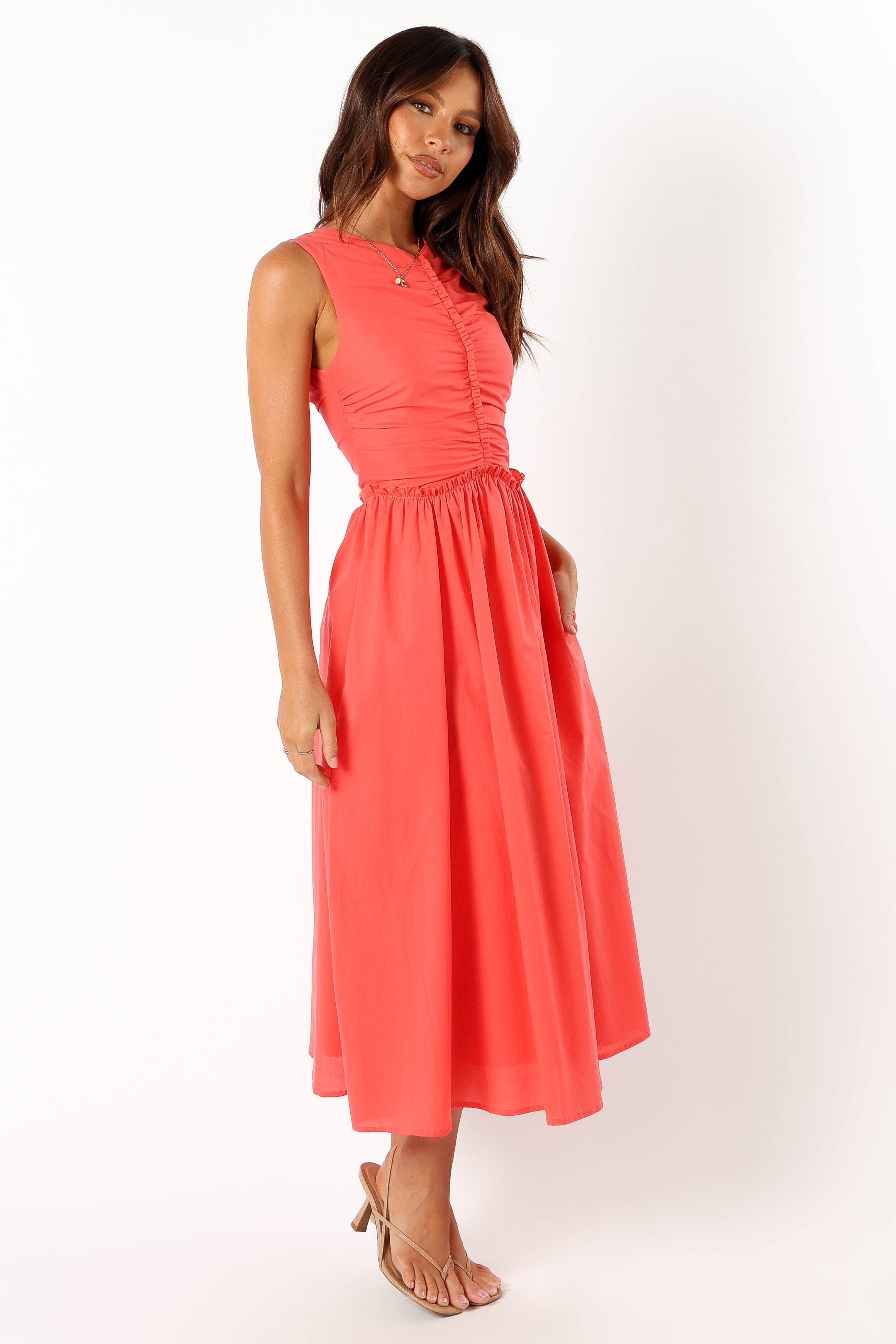 Petal and Pup USA DRESSES Violetta Ruched Midi Dress - Coral