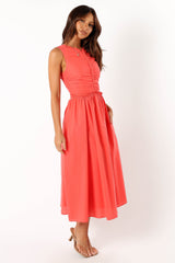 Petal and Pup USA DRESSES Violetta Ruched Midi Dress - Coral