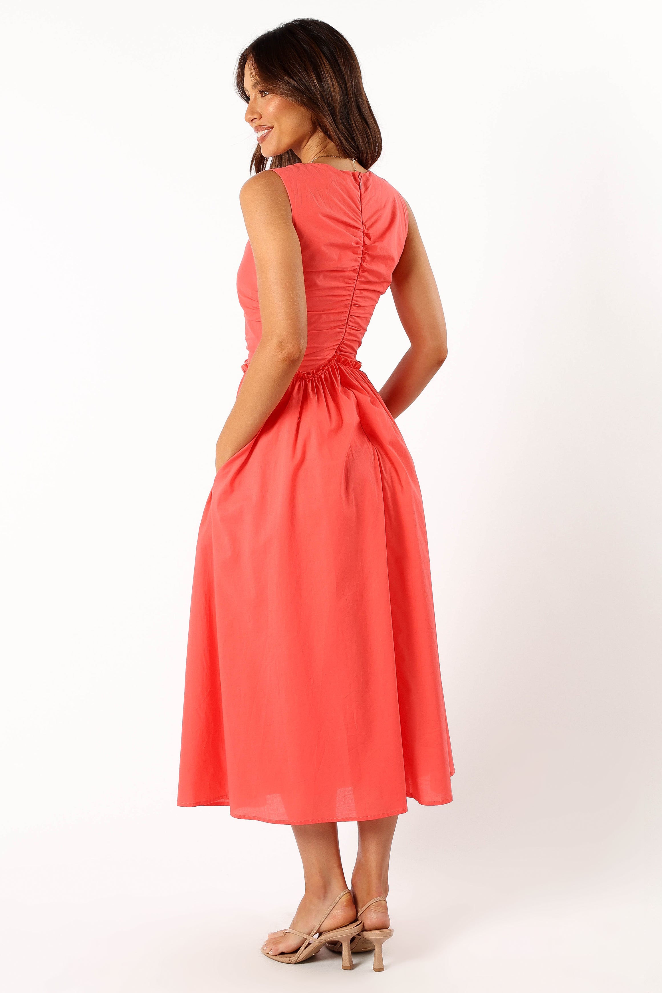 Petal and Pup USA DRESSES Violetta Ruched Midi Dress - Coral