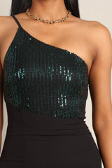 Petal and Pup USA DRESSES Xayne One Shoulder Sequin Midi Dress - Black/Emerald