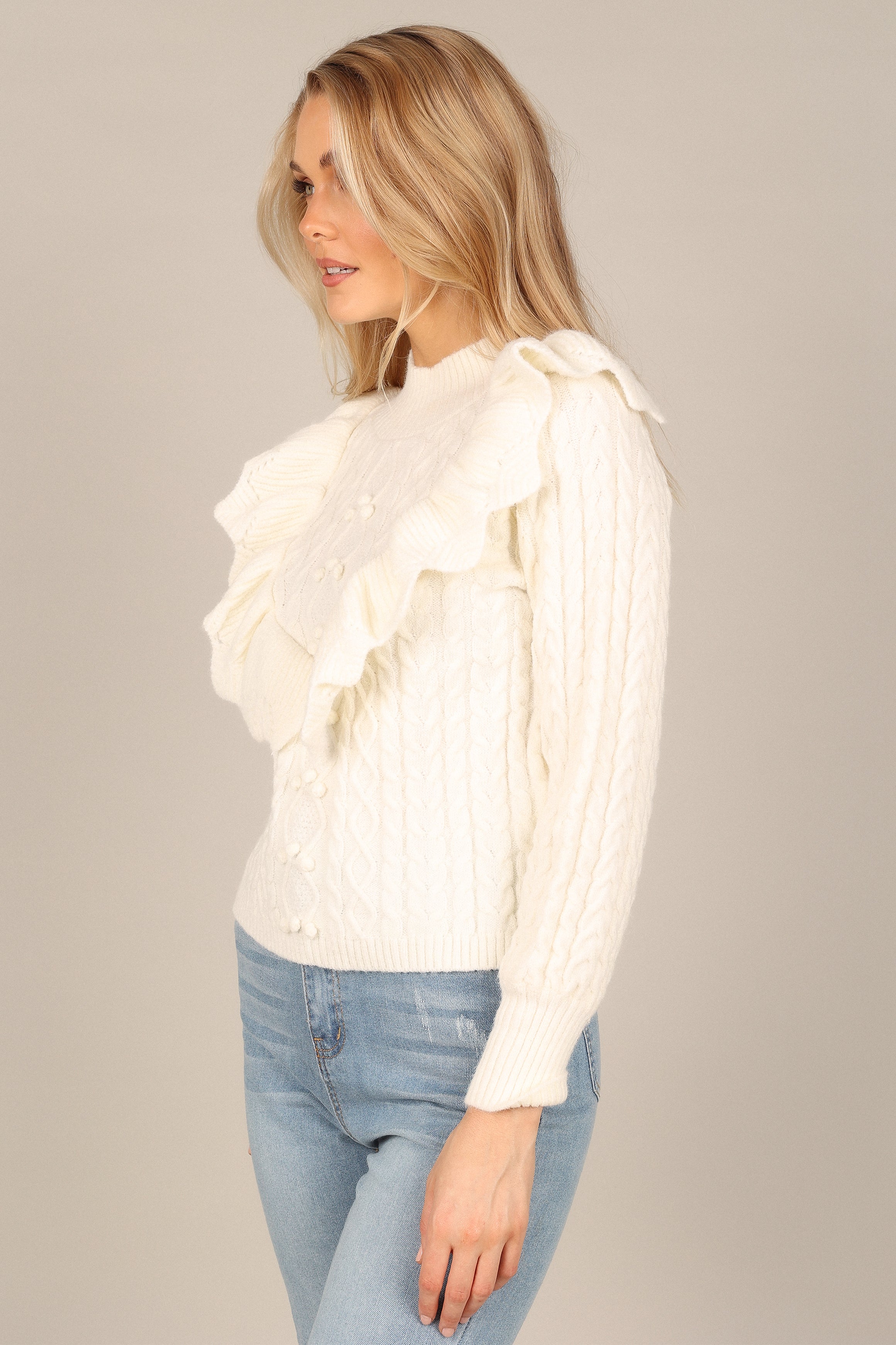 Petal and Pup USA KNITWEAR Annette Frilled Knit Sweater - Ivory