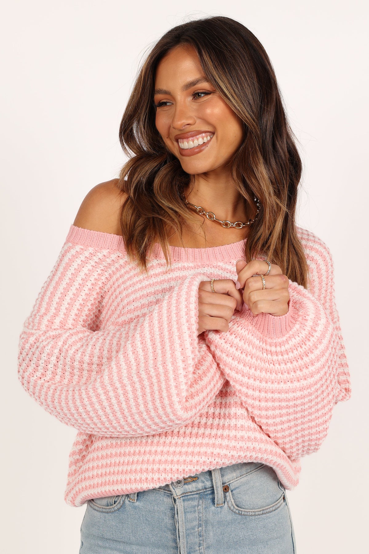 Petal and Pup USA KNITWEAR Becca Crewneck Waffle Stitch Stripe Knit Sweater - Pink