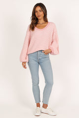 Petal and Pup USA KNITWEAR Becca Crewneck Waffle Stitch Stripe Knit Sweater - Pink